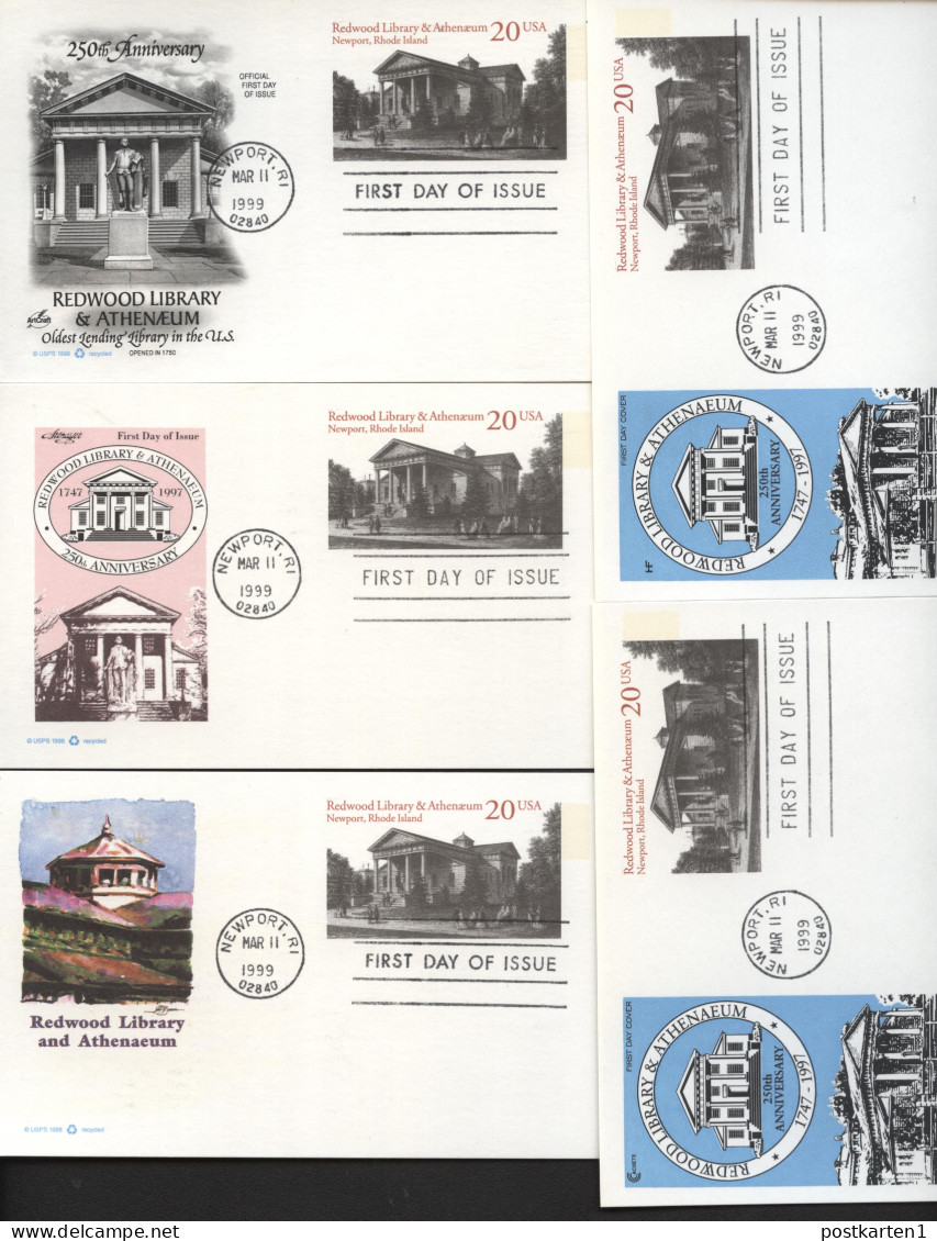 USA UX303 5 Postal Cards Redwood Library & Athenaeum Newport RI FDC 1999 - 1981-00