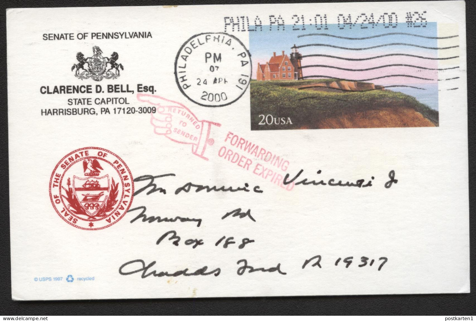 UX306 Postal Card SENATE OF PENNSYLVANIA Red Print Used Philadelphia PA 2000 - 1981-00