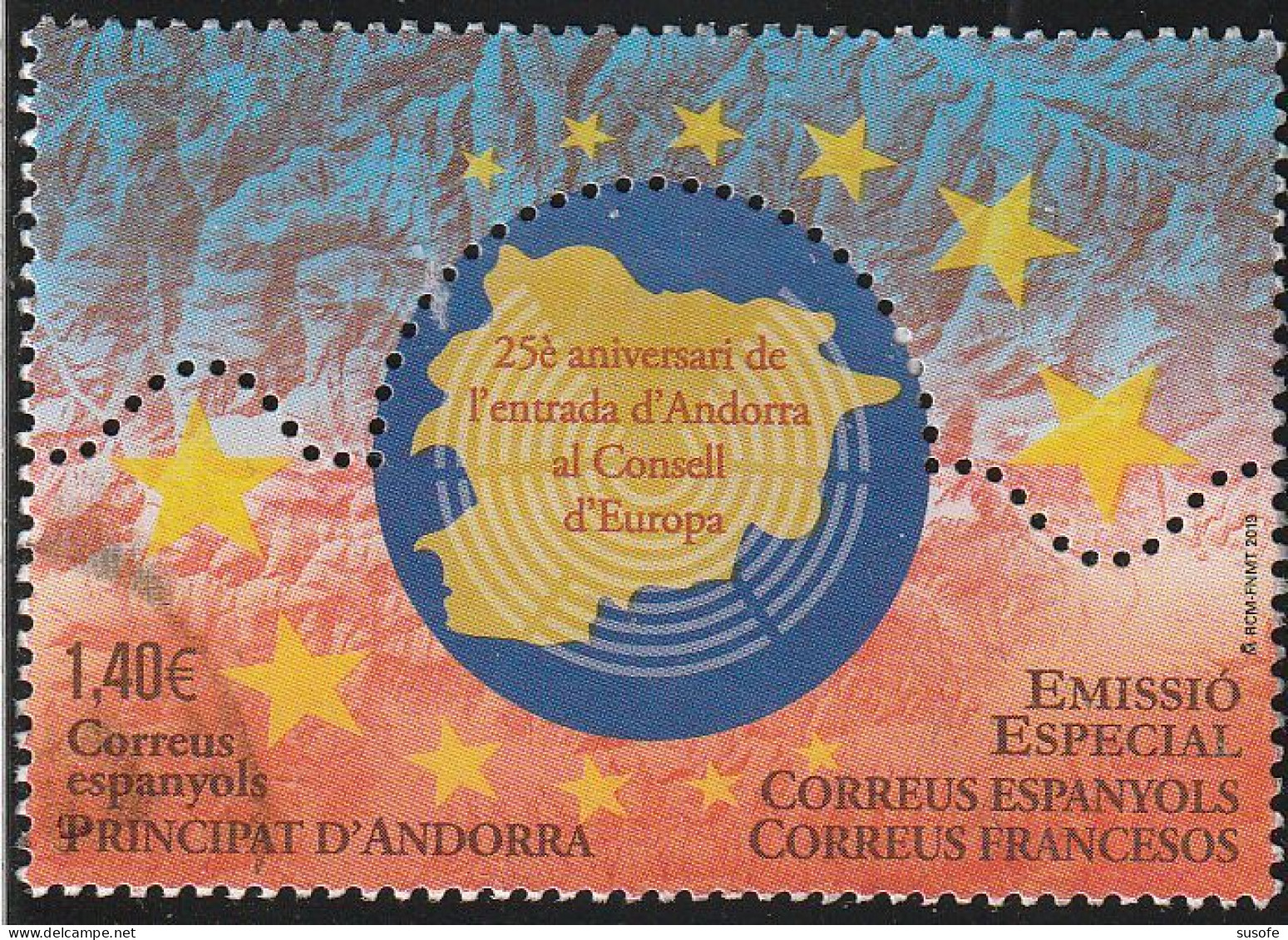 Andorra 2019 Edifil 490 Sello º Aniversario Entrada En El Consejo De Europa Michel 488 Yvert 478 Principat D'Andorra - Gebruikt