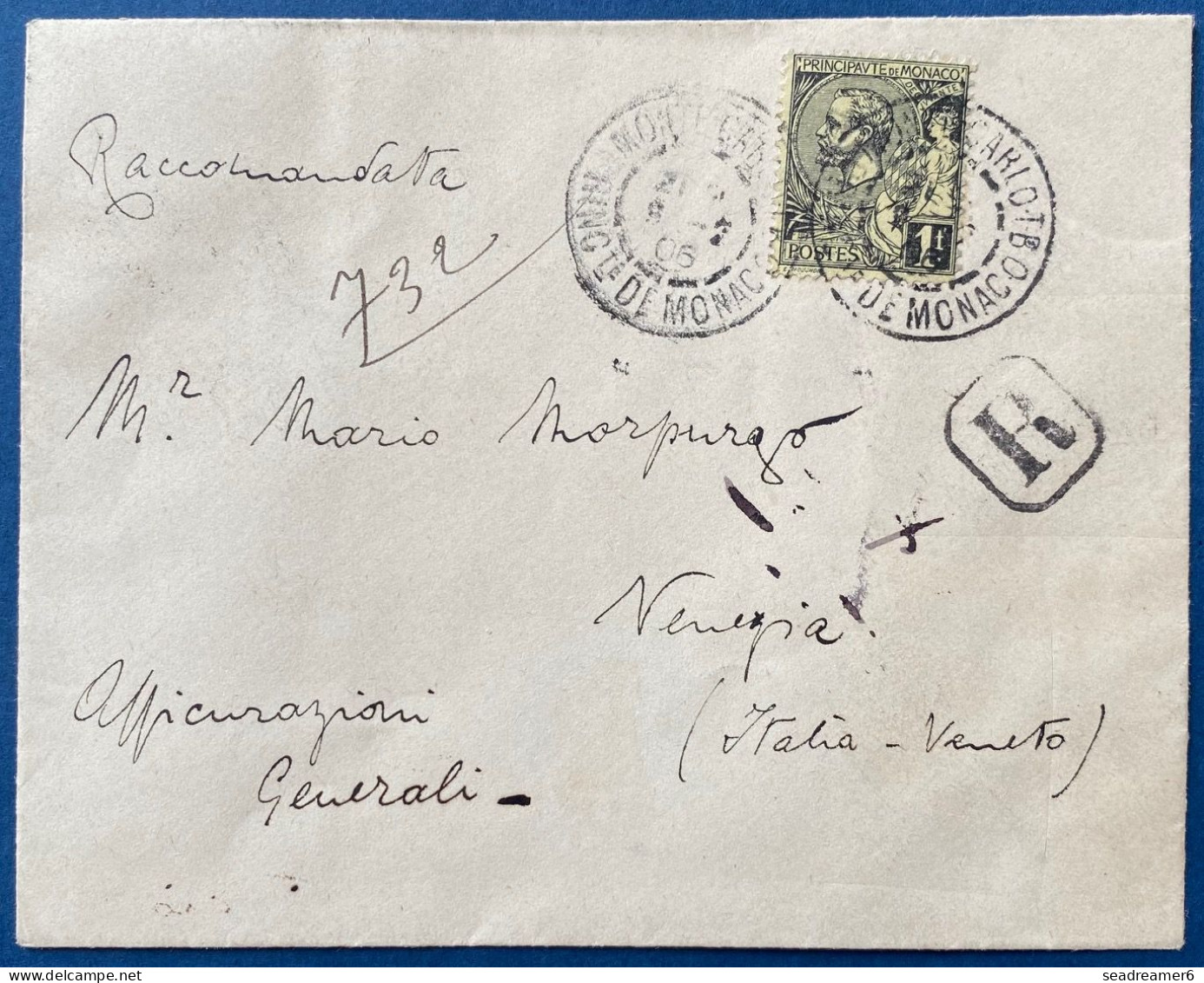 1906 MONACO Lettre Recommandée N°20 1FR Noir Sur Jaune Obl Dateur De Monte Carlo Pour L'ITALIE à Venise TTB - Storia Postale