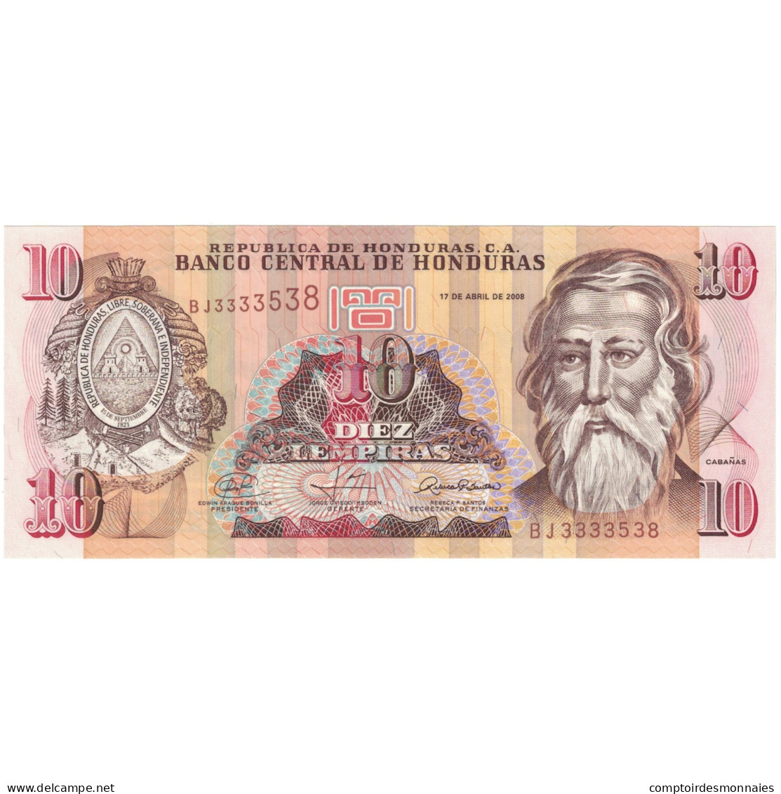 Billet, Honduras, 10 Lempiras, 2008, 2008-04-17, KM:82a, NEUF - Honduras