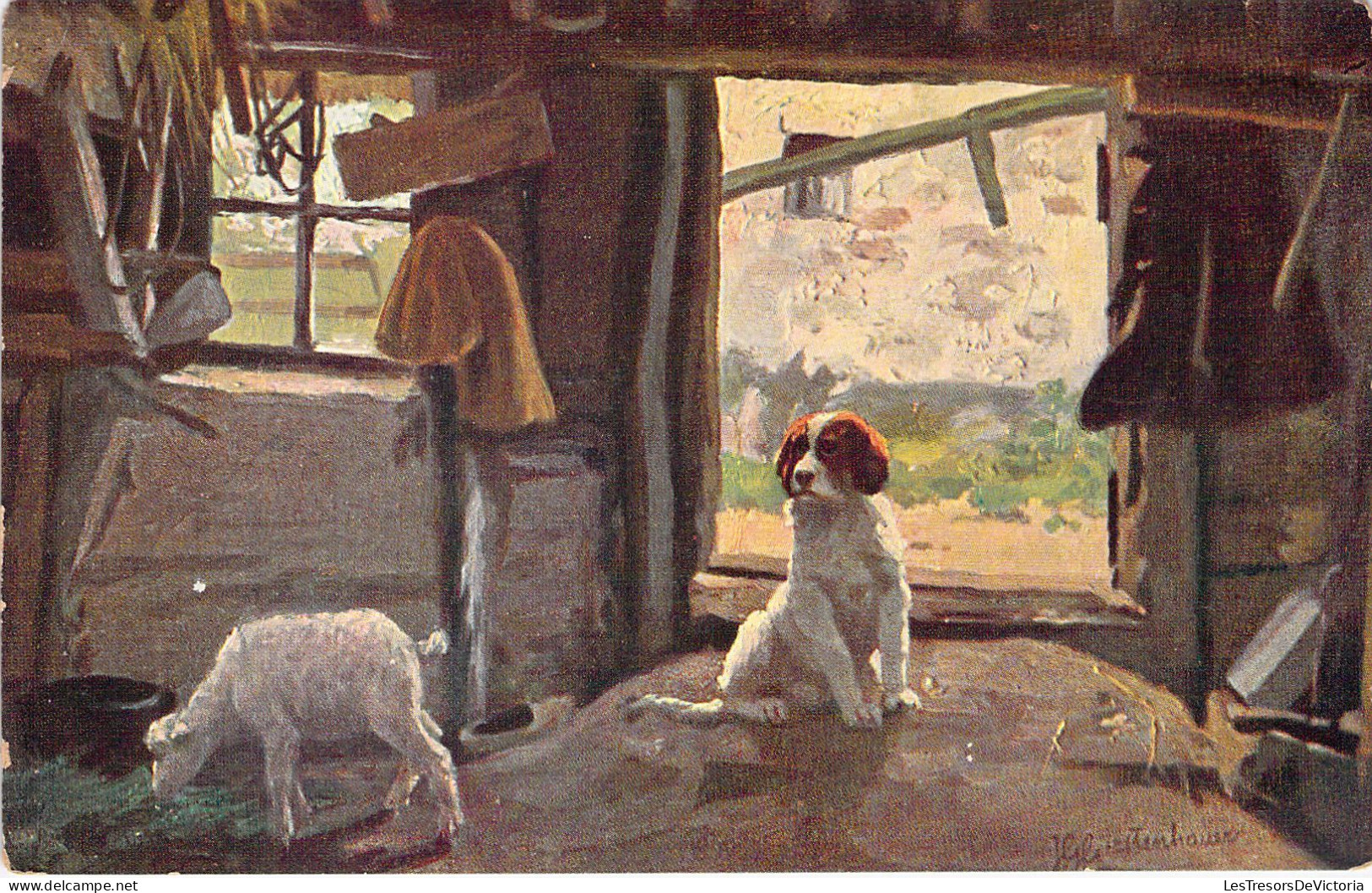 Illustration - Epagneul Breton Et Agneau - Carte Postale Ancienne - Hunde