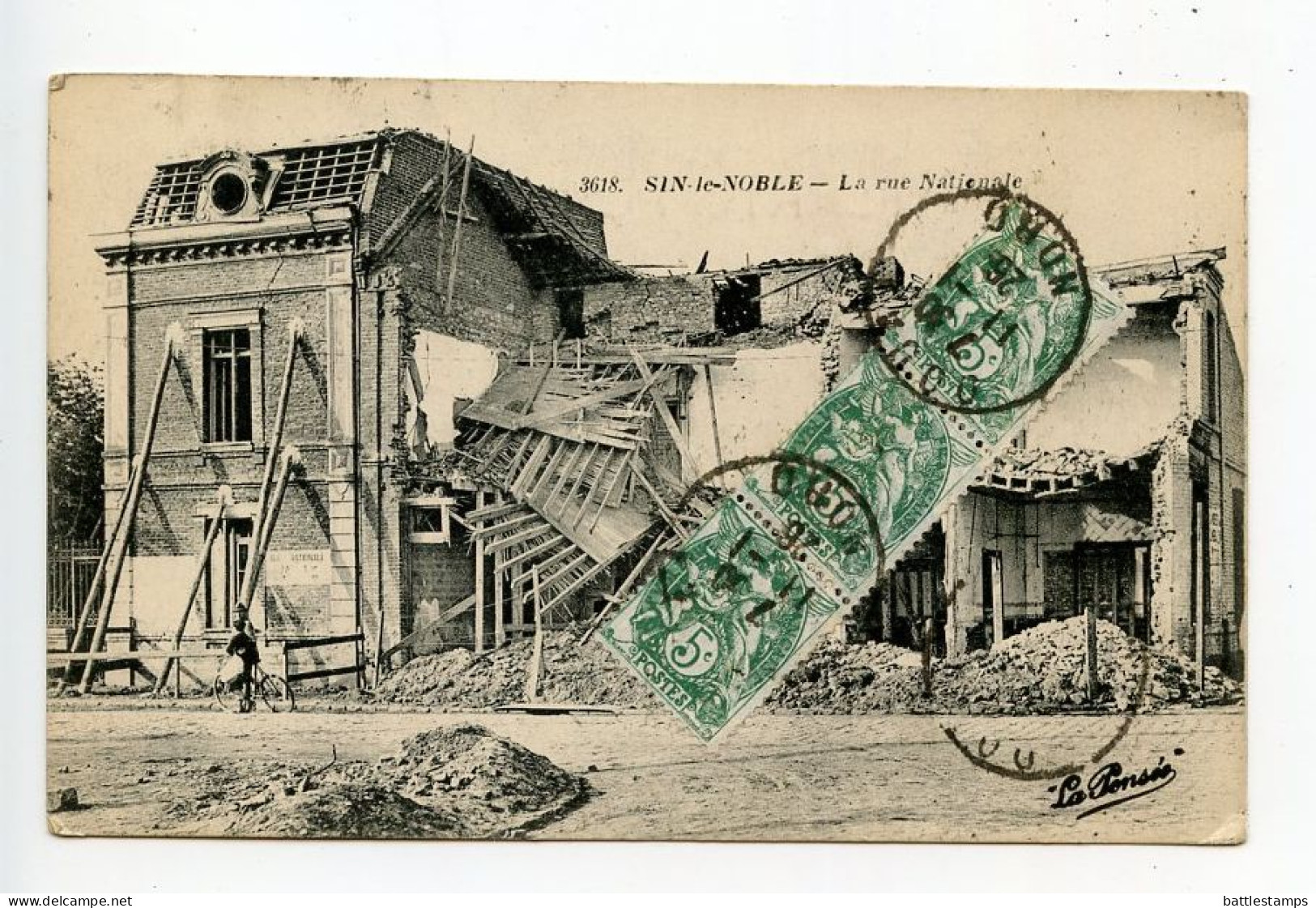 France 1926 Postcard Sin Le Noble - La Rue Nationale, WWI Damage; Scott 113 - 5c. Liberty, Equality, Fraternity X 3 - Sin Le Noble