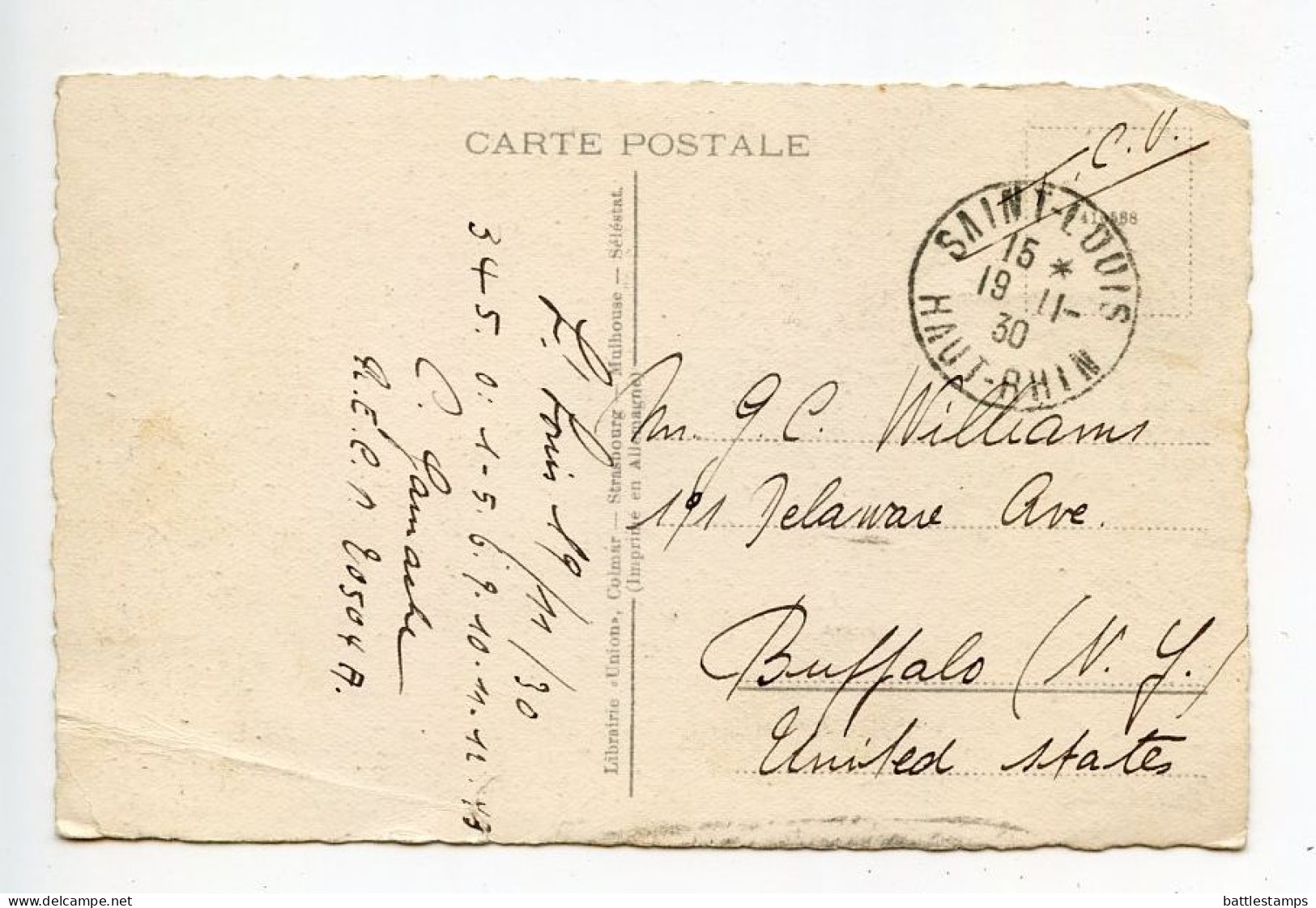 France 1930 Postcard Saint Louis, Haut-Rhin - La Frontiere Franco-Swisse; Scott 242 - 90c. Marcelin Berthelot - Saint Louis