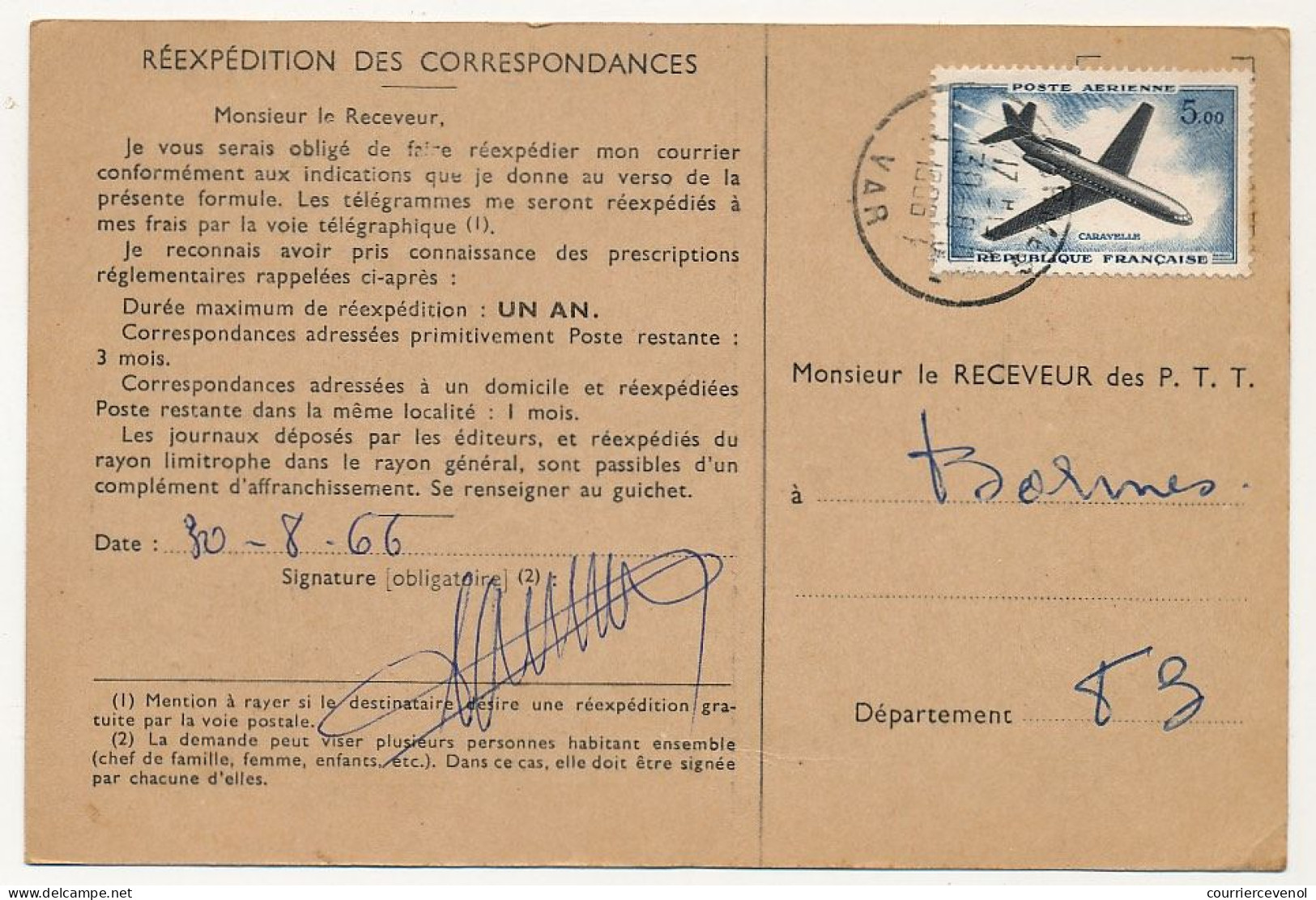 FRANCE - 6 Ordres De Réexpédition, Affranchis 5,00F Caravelle, Seul Ou En Affr. Composé - 1960-.... Covers & Documents