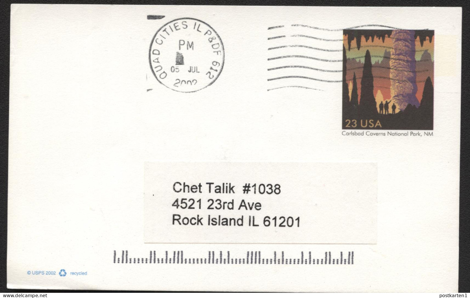 UX381 Postal Card Carlsbad Cavern NP Used Quad Cities IL 2002 - 2001-10