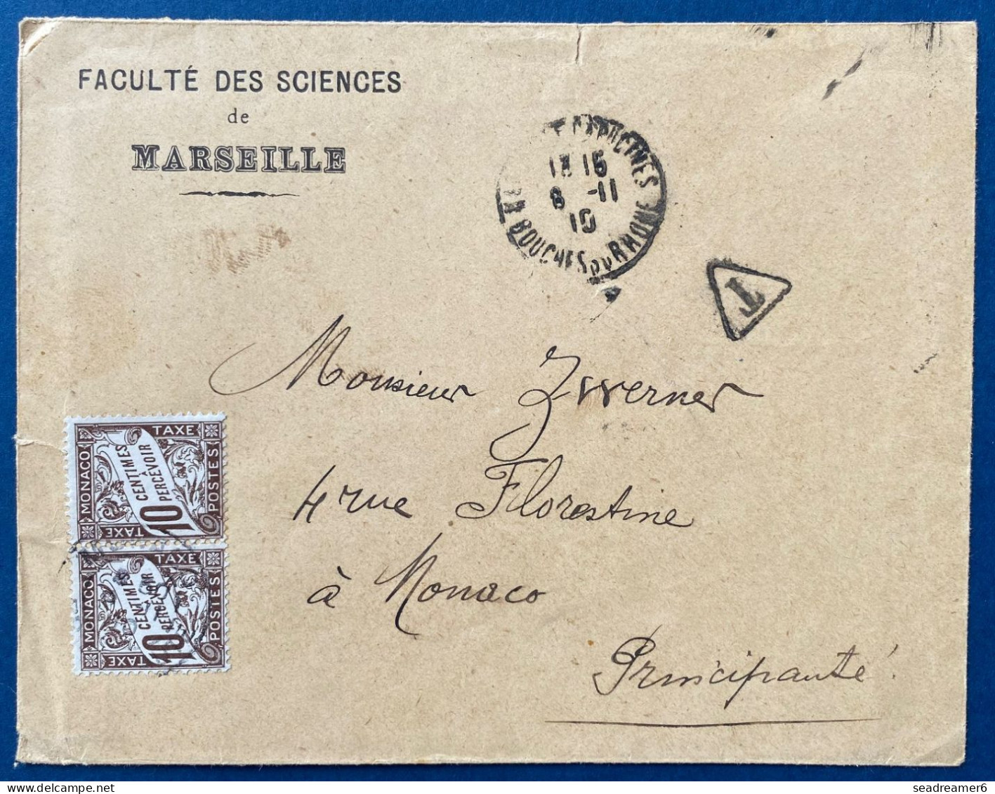 1910 Lettre De MARSEILLE Sans Timbre Donc Taxée En Arrivée Avec N°4 10c Brun En Paire Pour MONACO Rare ! - Impuesto