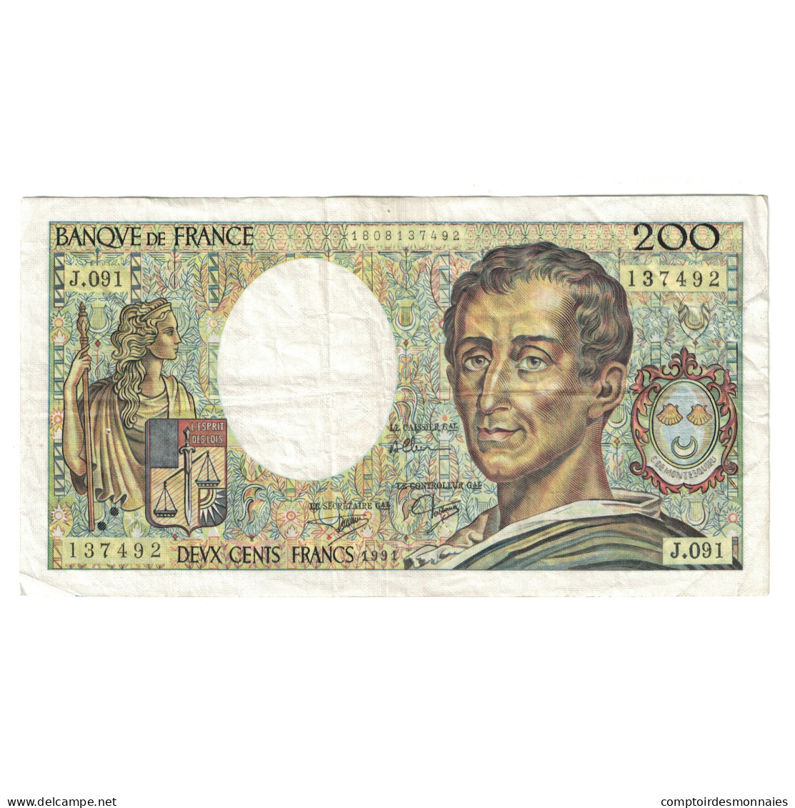 France, 200 Francs, Montesquieu, 1991, J.091137492, TTB, Fayette:70.11, KM:155d - 200 F 1981-1994 ''Montesquieu''