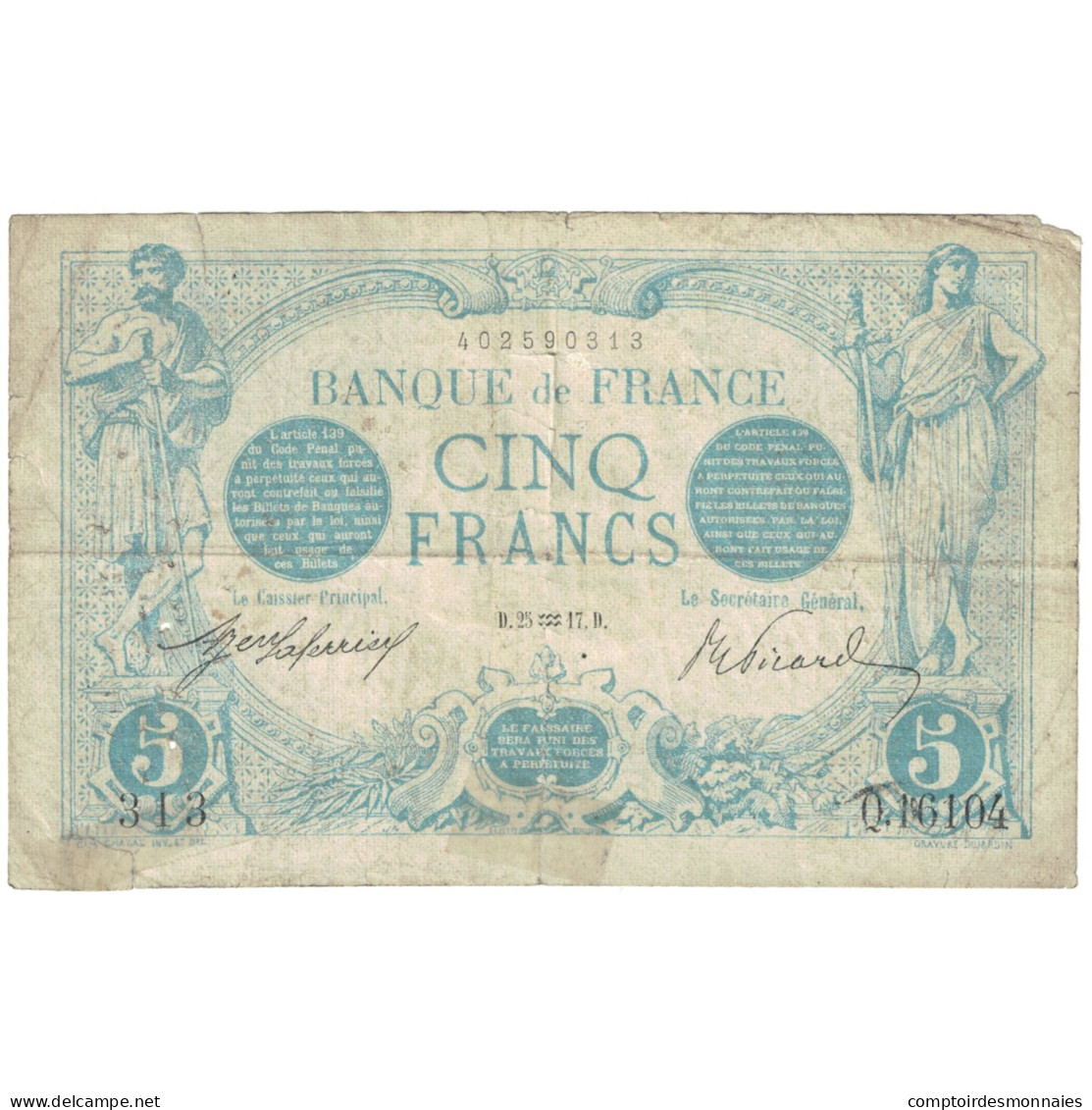 France, 5 Francs, Bleu, 1917, Q.16104, B+, Fayette:02.47, KM:70 - 5 F 1912-1917 ''Bleu''