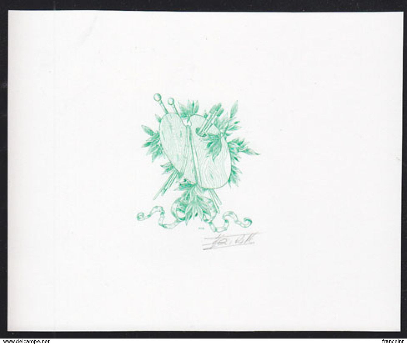 BELGIUM(1997) Artist's Palette. Die Proof In Green Signed By The Engraver, Representing The Cachet For The Official FDC - Proofs & Reprints