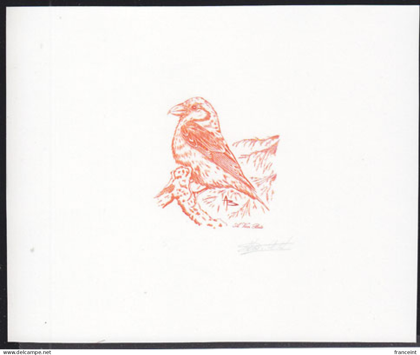 BELGIUM(1985) Grosbeak. Die Proof In Orange Signed By The Engraver, Representing The FDC Cachet. Scott 1219 - Proeven & Herdruk