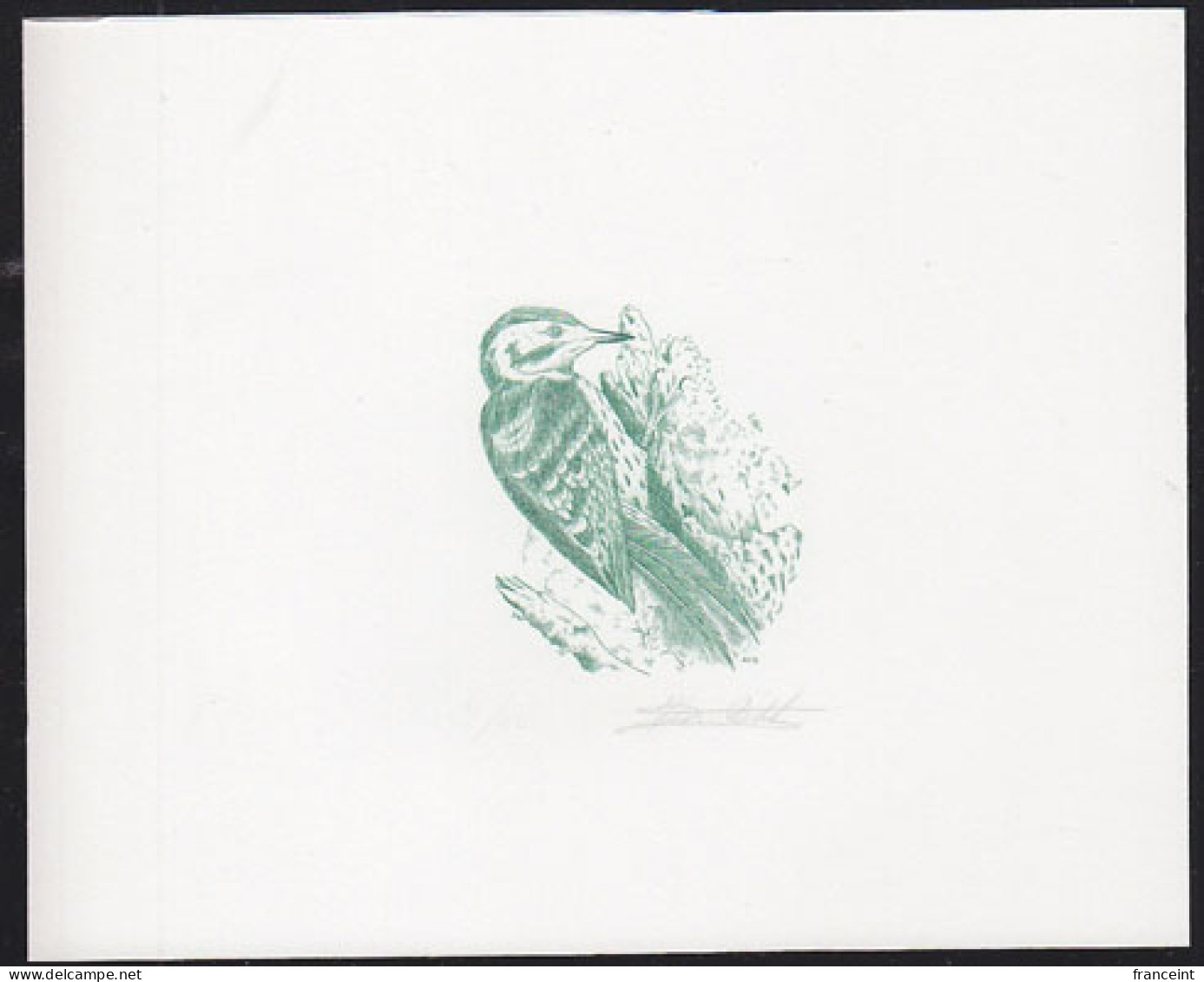 BELGIUM(1990) Lesser Spotted Woodpecker (Dryobates Minor). Die Proof In Green Signed By The Engraver. Scptt No 1217. - Proofs & Reprints