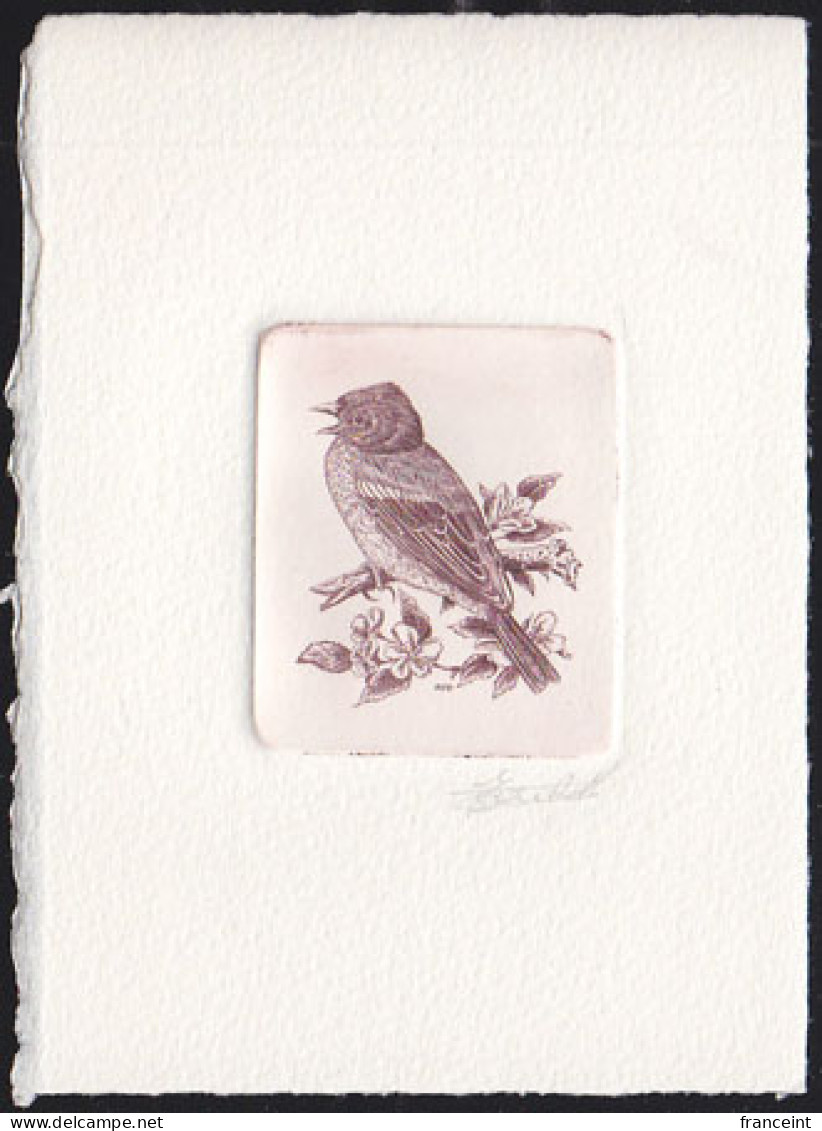 BELGIUM(1990) Common Chaffinch (Fringilla Coelebs). Die Proof In Violet-brown Signed By The Engraver. Scott No 1230. - Proeven & Herdruk