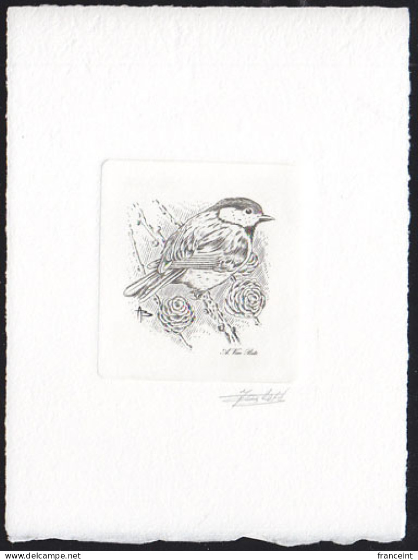 BELGIUM(1991) Coal Tit (Periparus Ater). Die Proof In Black Signed By The Engraver, Representing The FDC Cachet. Sc 1216 - Proofs & Reprints