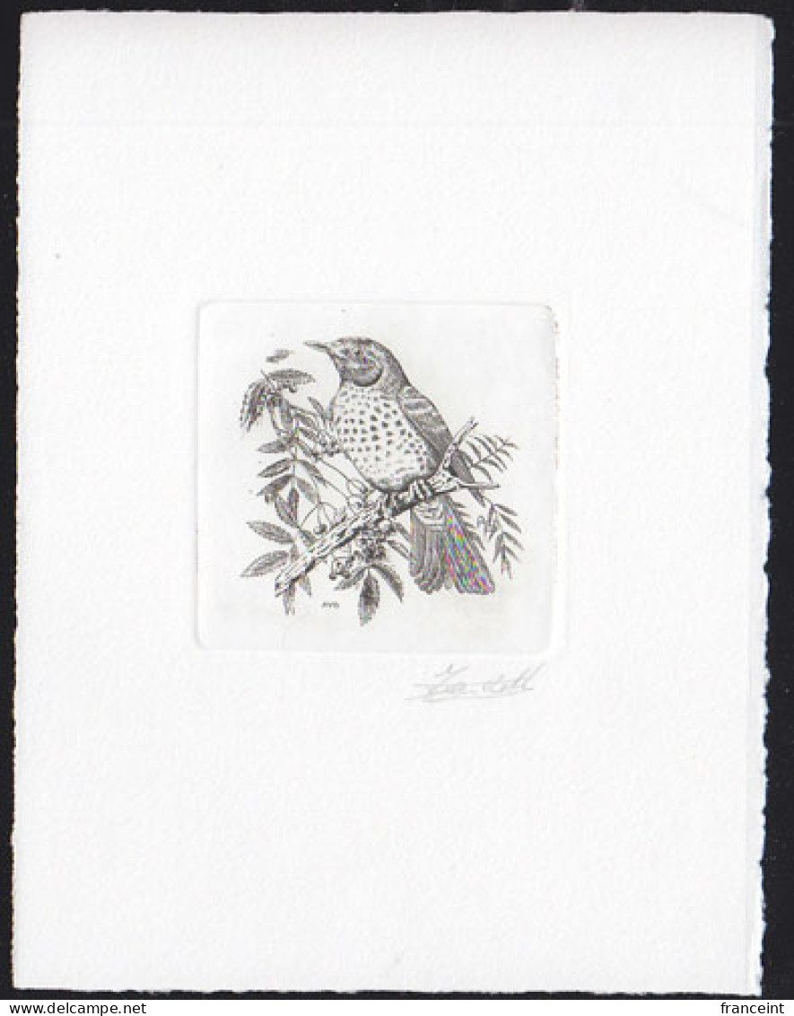 BELGIUM(1991) Song Thrush (Turdus Philomelos). Die Proof In Black Signed By The Engraver. Scott No 1229. - Proofs & Reprints