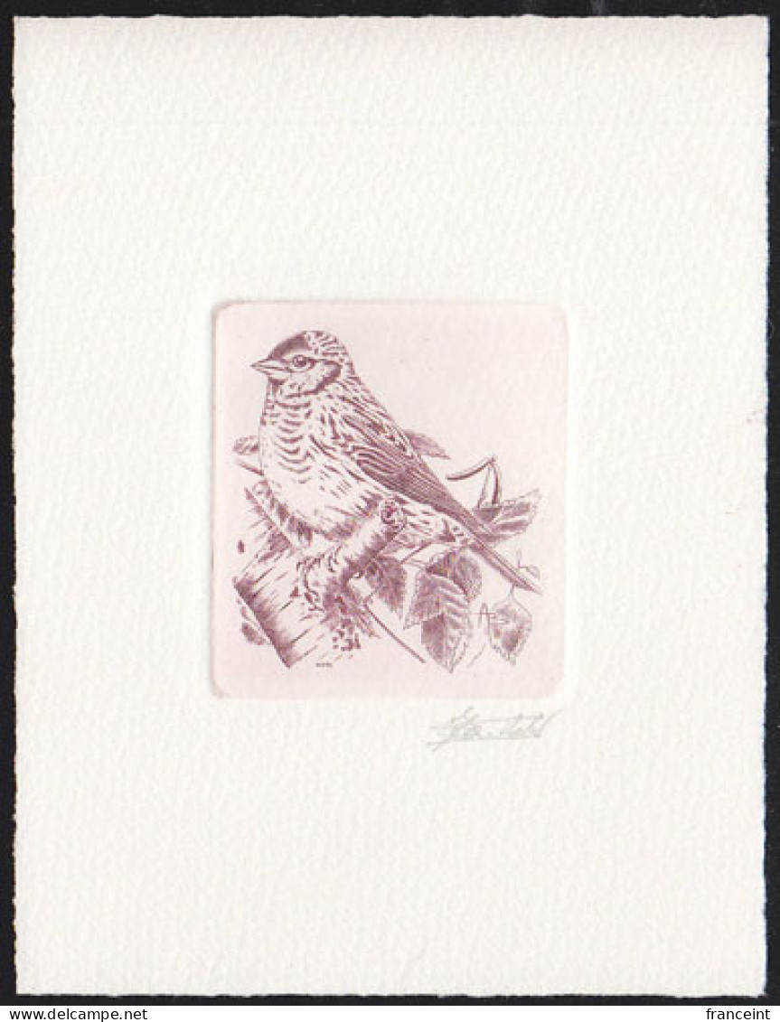 BELGIUM(1992) Common Redpoll (Acanthis Flammea). Die Proof In Violet-brown Signed By The Engraver. Scott No 1432. - Proeven & Herdruk