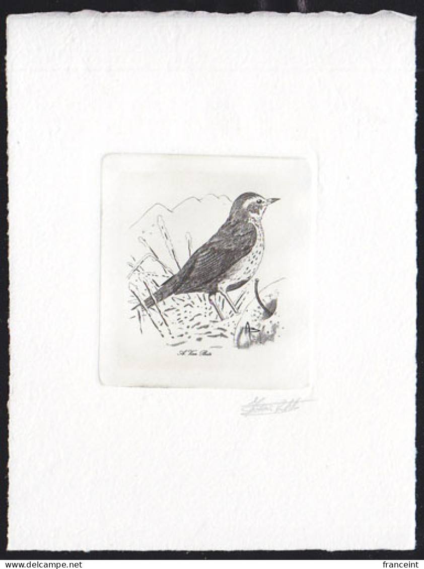 BELGIUM(1992) Redwing (Turdus Iliacus). Die Proof In Black Signed By The Engraver. Scott No 1434.  - Proofs & Reprints