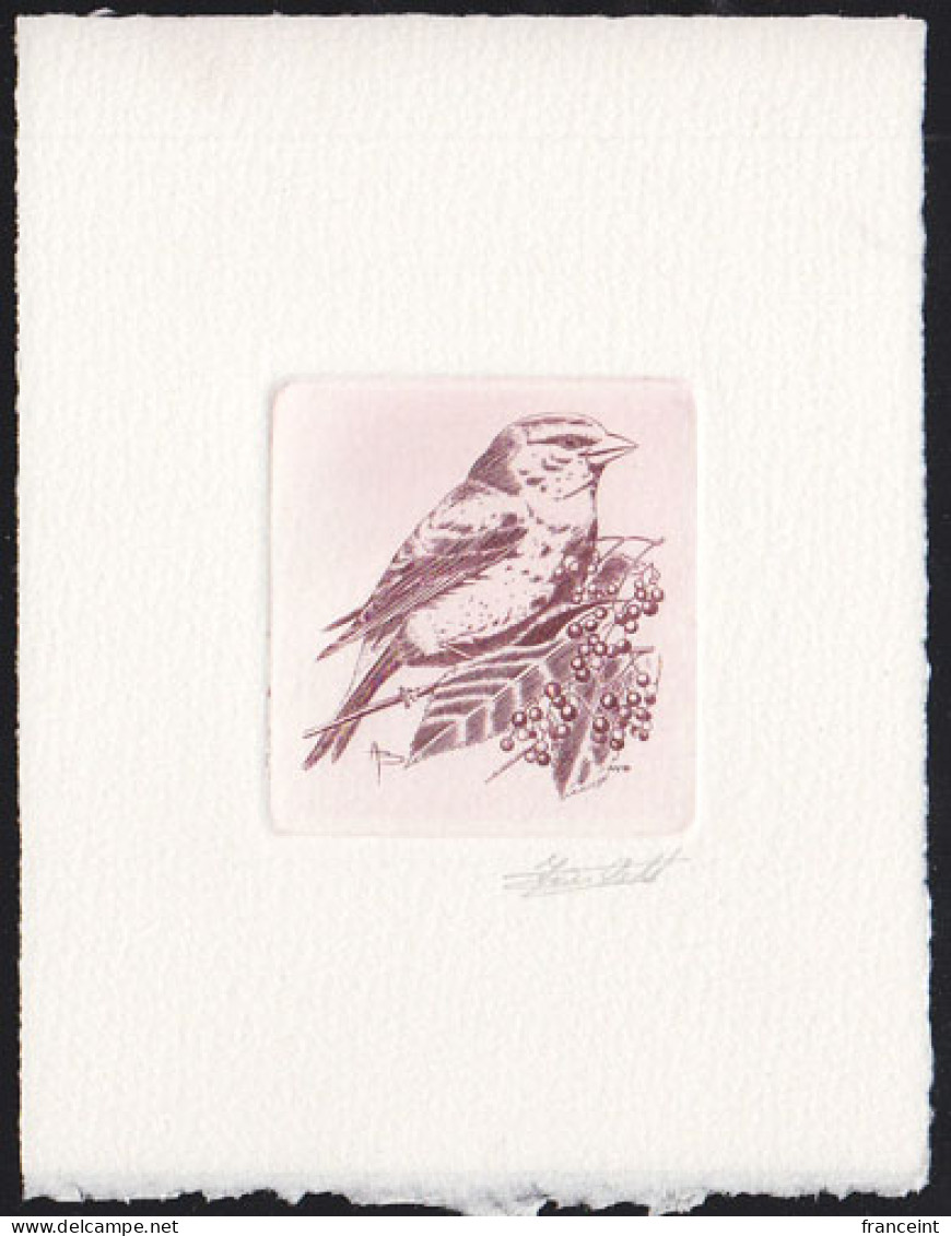 BELGIUM(1992) European Greenfinch (Chloris Chloris). Die Proof In Violet-brown Signed By The Engraver. Scott 1444 - Proeven & Herdruk