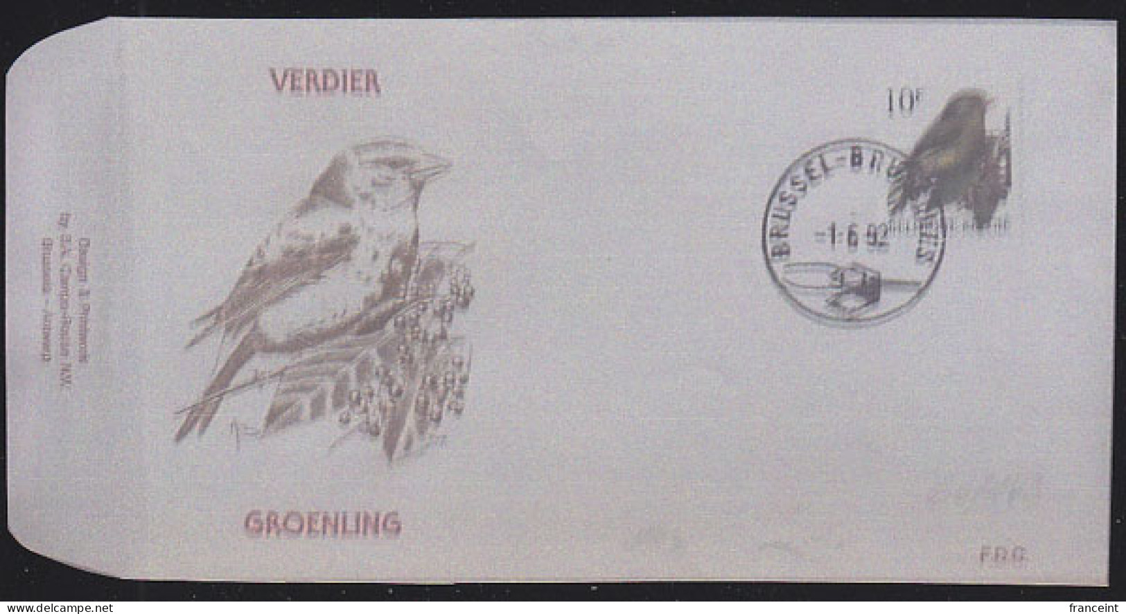 BELGIUM(1992) European Greenfinch (Chloris Chloris). Die Proof In Violet-brown Signed By The Engraver. Scott 1444 - Proeven & Herdruk