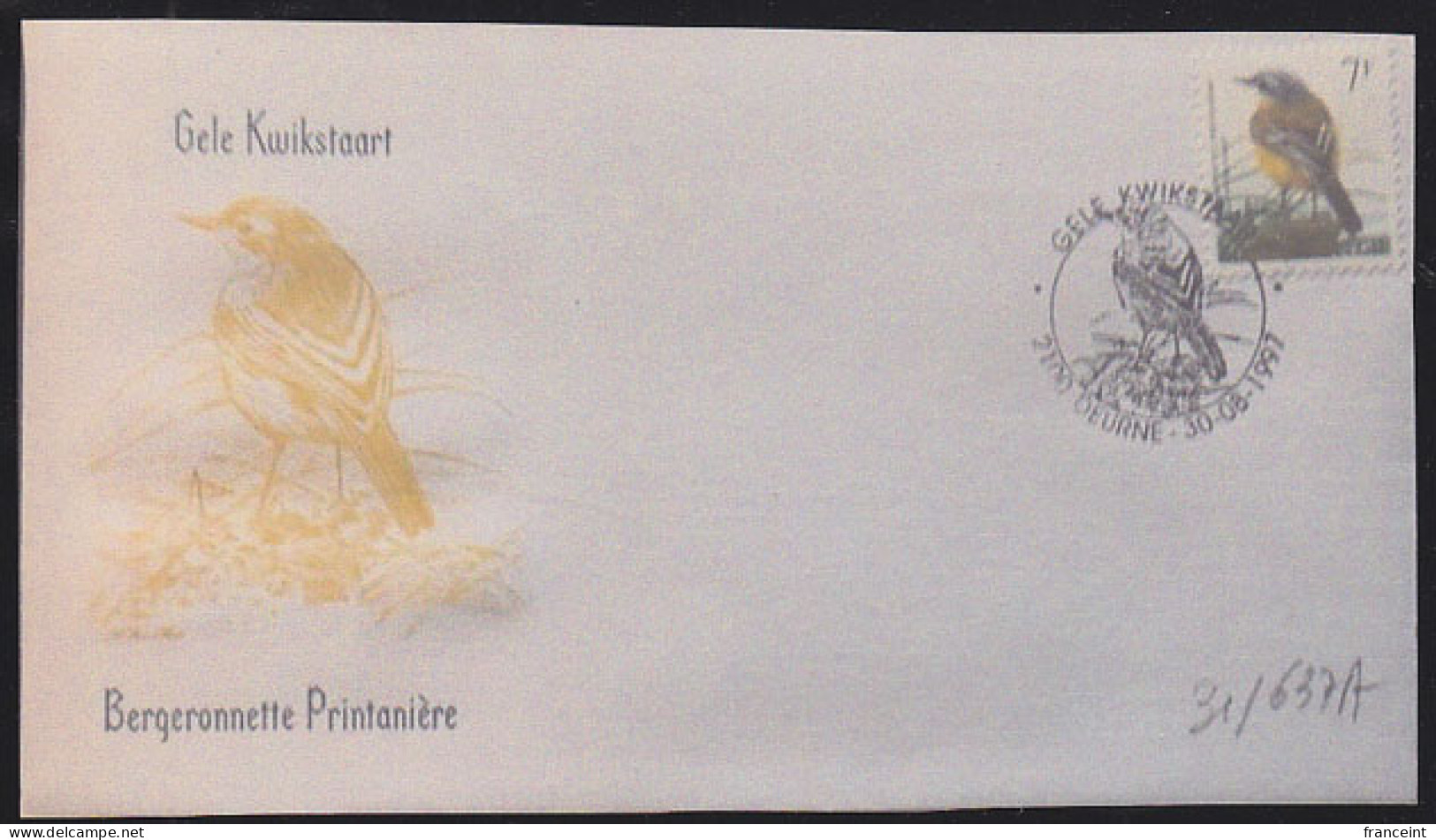 BELGIUM(1997) Western Yellow Wagtail (Motacilla Flava). Die Proof In Yellow Signed By The Engraver. Scott No 1660. - Proofs & Reprints