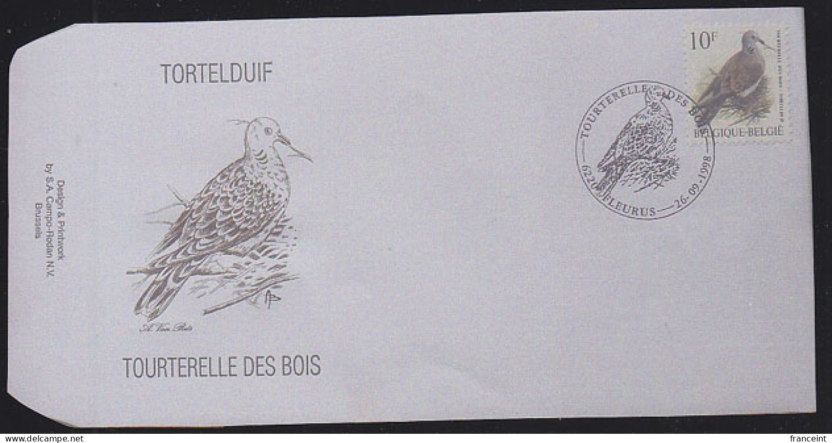 BELGIUM(1998) Turtledove (Streptopelia Turtur). Die Proof In Black Signed By The Engraver. Scott No 1703.  - Proofs & Reprints