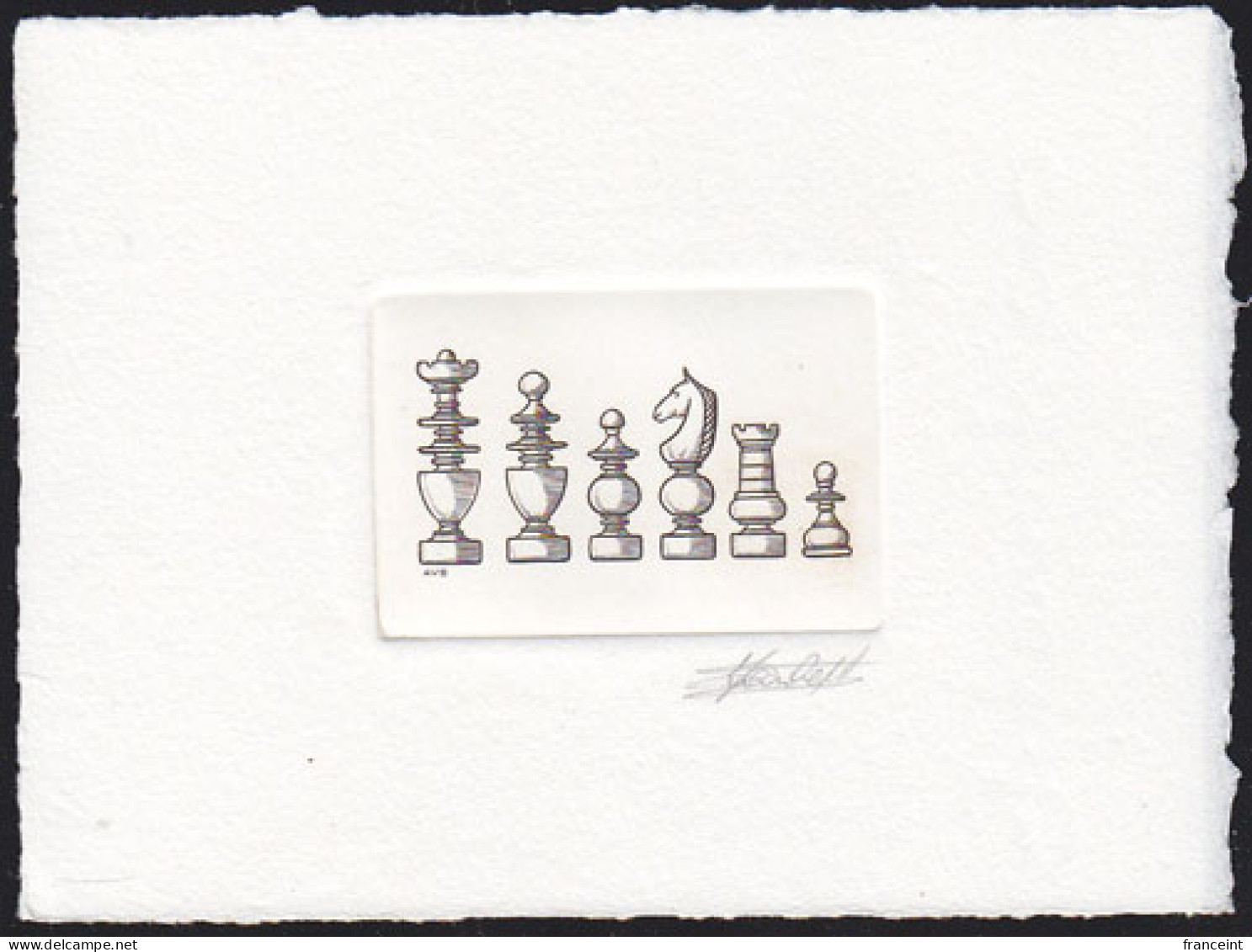 BELGIUM(1995) Chess Pieces. Die Proof In Brown Signed By The Engraver, Representing The FDC Cachet. Scott No 1577. - Proeven & Herdruk