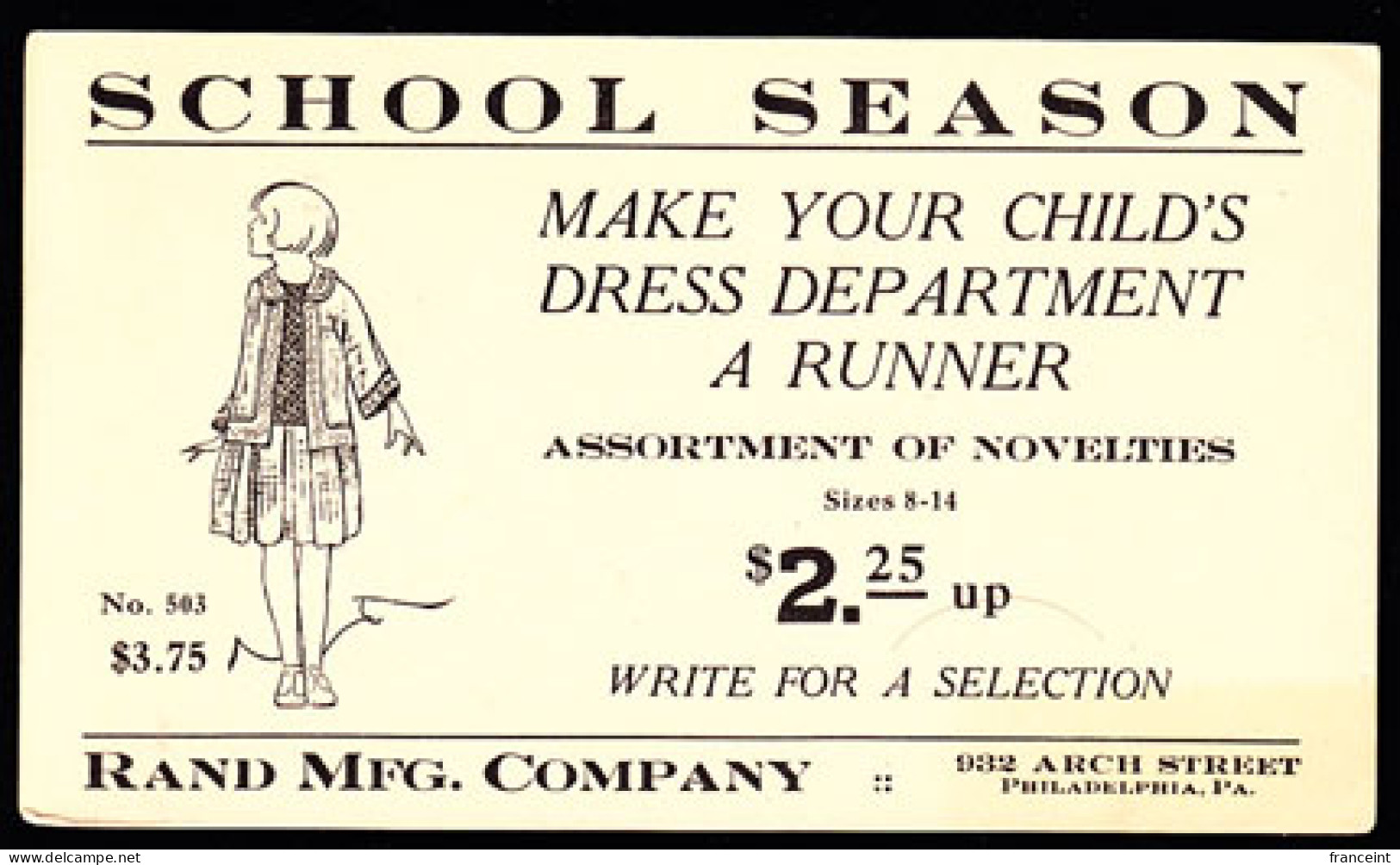 U.S.A.(1925) Young Girl In New Clothes. Postal Card With Illustrated Advertisement On Back For Children's Clothes. - 1921-40