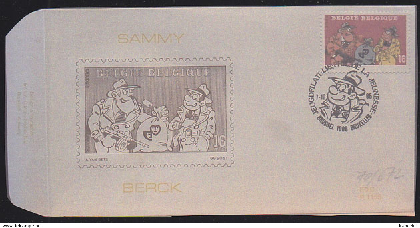 BELGIUM(1995) Sammy With Machine Gun. Die Proof In Blue Signed By The Engraver, Representing The FDC Cachet. Scott 1598 - Proeven & Herdruk
