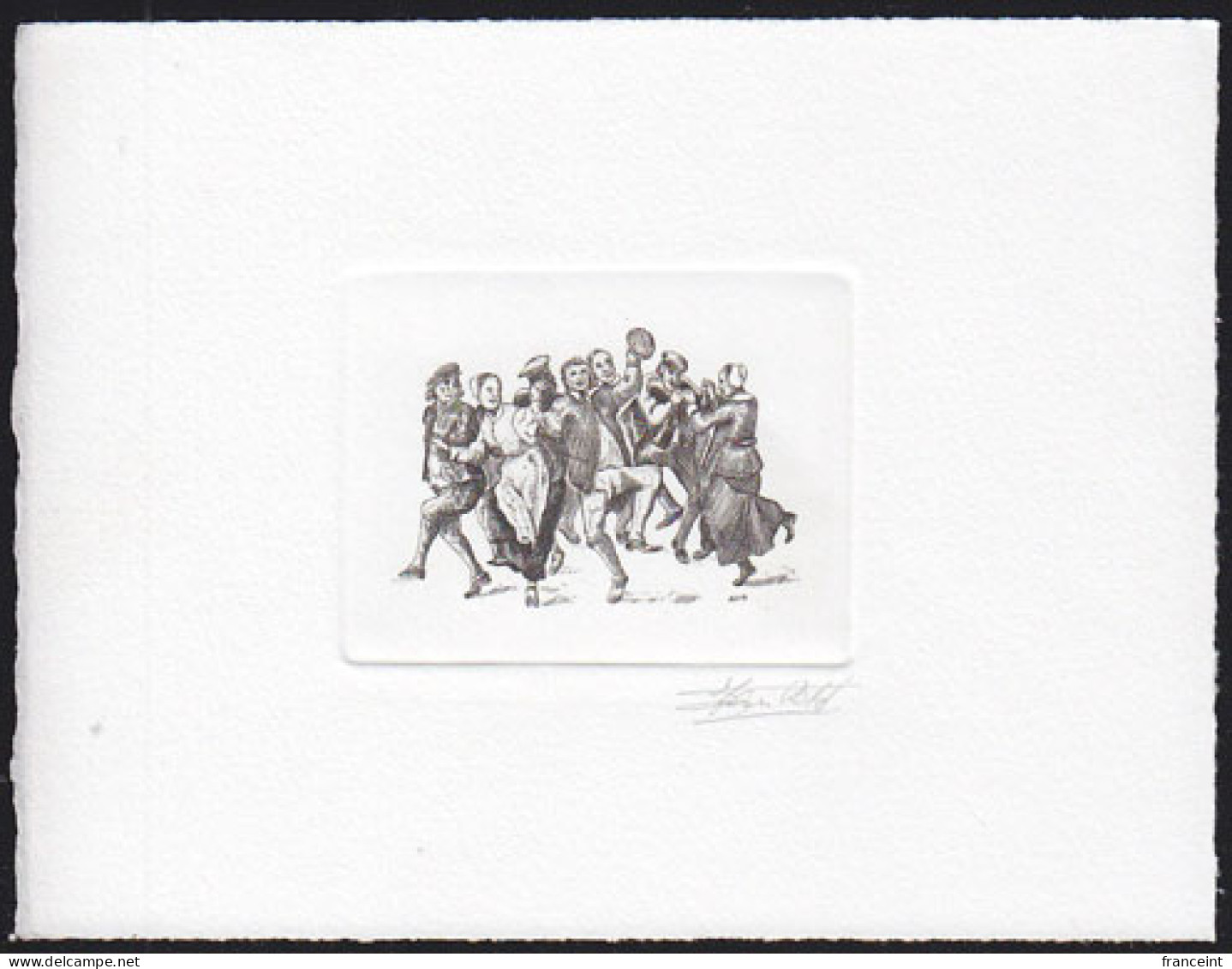 BELGIUM(1990) Dancers. Die Proof In Black Signed By The Engraver, Representing The FDC Cachet. Scott No 1391. - Proeven & Herdruk