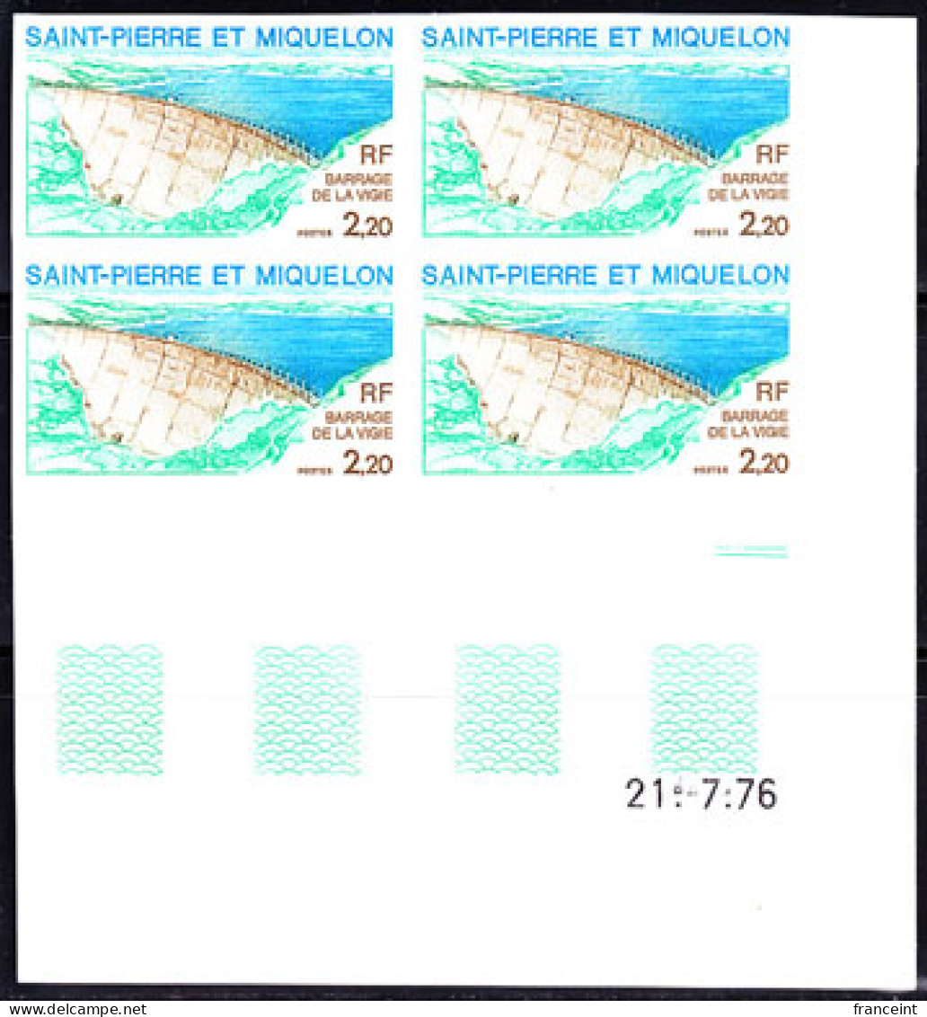 ST. PIERRE & MIQUELON(1976) Vigie Dam. Imperforate Corner Block Of 4. Scott No 450. Yvert No 452. - Sin Dentar, Pruebas De Impresión Y Variedades