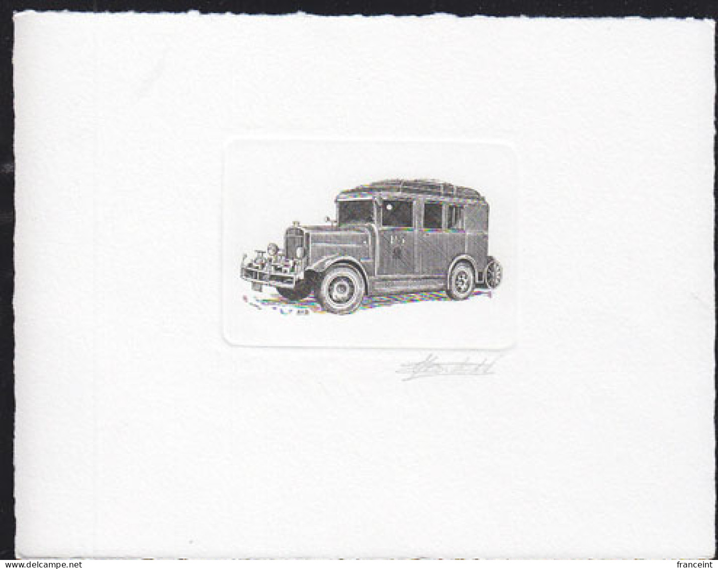 BELGIUM(1992) Old Fire Truck. Die Proof In Black Signed By The Engraver, Representing The FDC Cachet. Scott No 1426 - Proofs & Reprints