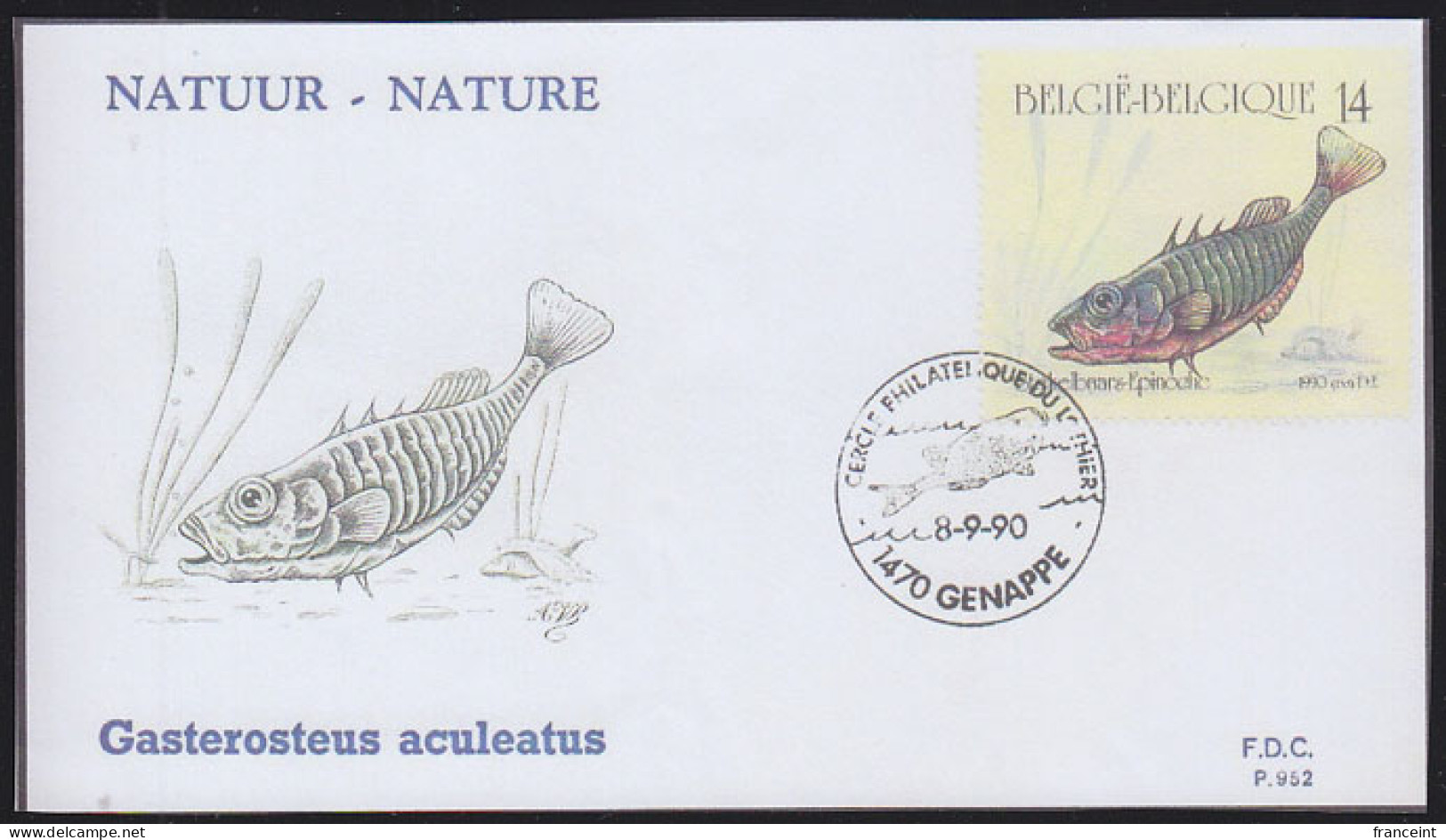 BELGIUM(1990) Three-spined Stickleback (Gasterosteus Aculeatus). Die Proof In Brown Signed By The Engraver. Scott 1386 - Proofs & Reprints
