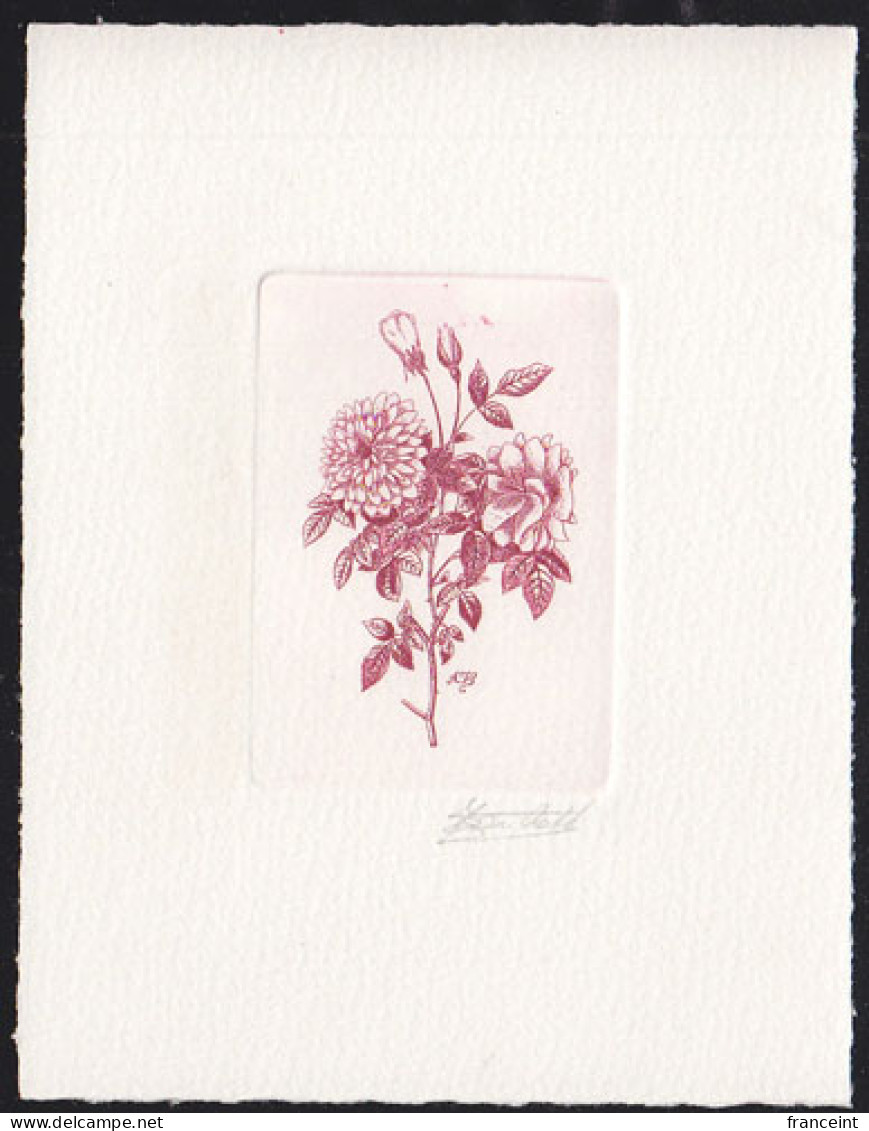 BELGIUM(1989) Aime Vibere Tea Rose. Die Proof In Violet Signed By The Engraver, Representing The FDC Cachet. Scott B1083 - Essais & Réimpressions