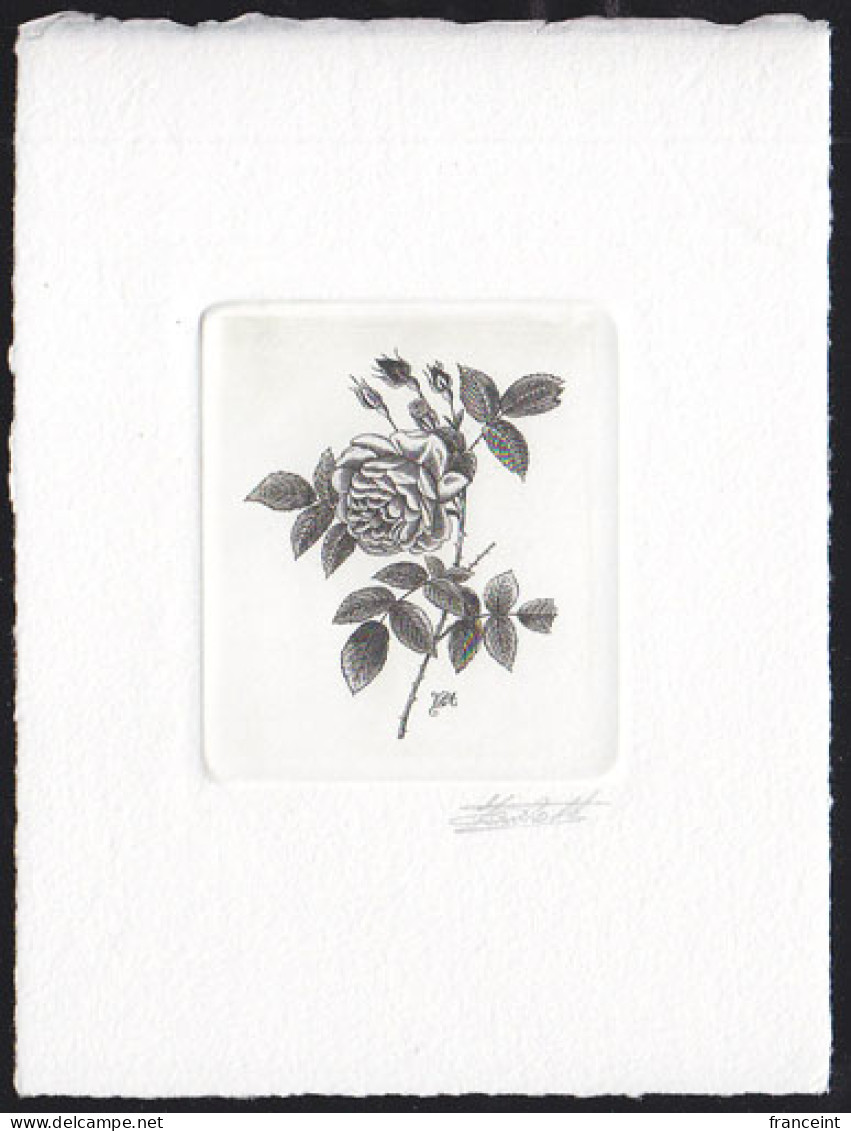 BELGIUM(1990) Tricolor Rose. Die Proof In Black Signed By The Engraver, Representing The Cachet For FDC. Scott 1346a. - Prove E Ristampe