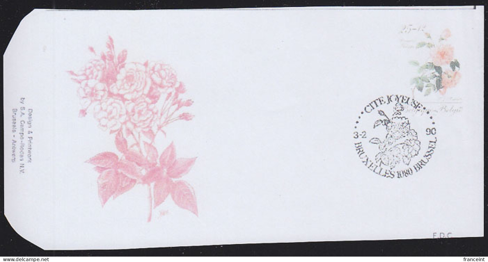 BELGIUM(1990) Bengale Philippe Rose. Die Proof In Red Signed By The Engraver, Representing The Cachet For FDC. Sc B1090 - Proeven & Herdruk