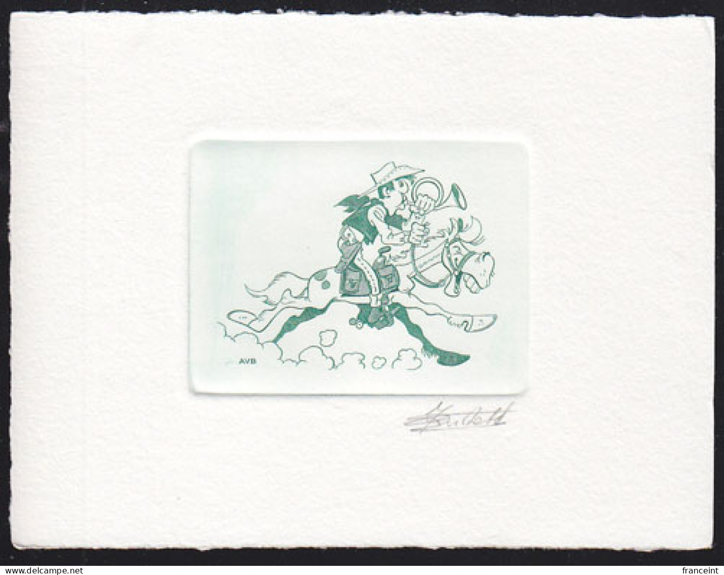 BELGIUM(1990) Cowboy On Horse Blowing Postal Horn. Die Proof In Green Signed By The Engraver. Scott No 1387.  - Proofs & Reprints