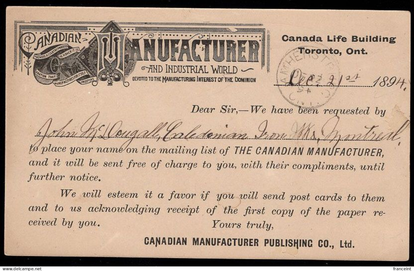 CANADA(1894) Pulleys. Gear. Regulator. Manufacturing. Postal Card With Advertisement Printed On Reverse - 1860-1899 Règne De Victoria