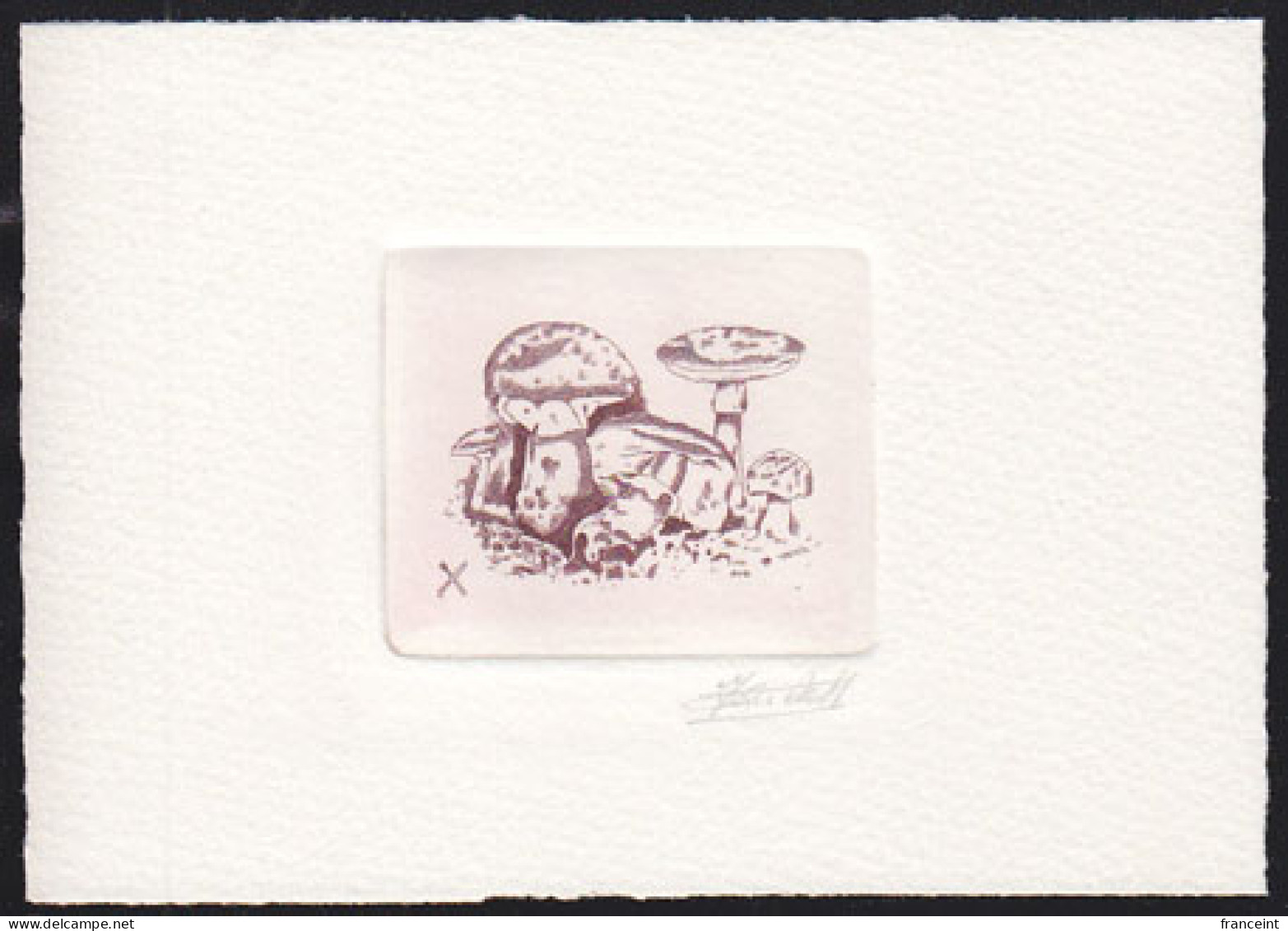 BELGIUM(1991) Amanita Rubescens. Die Proof In Violet-brown Signed By The Engraver, Representing The FDC Cachet. Sc 1412 - Ensayos & Reimpresiones