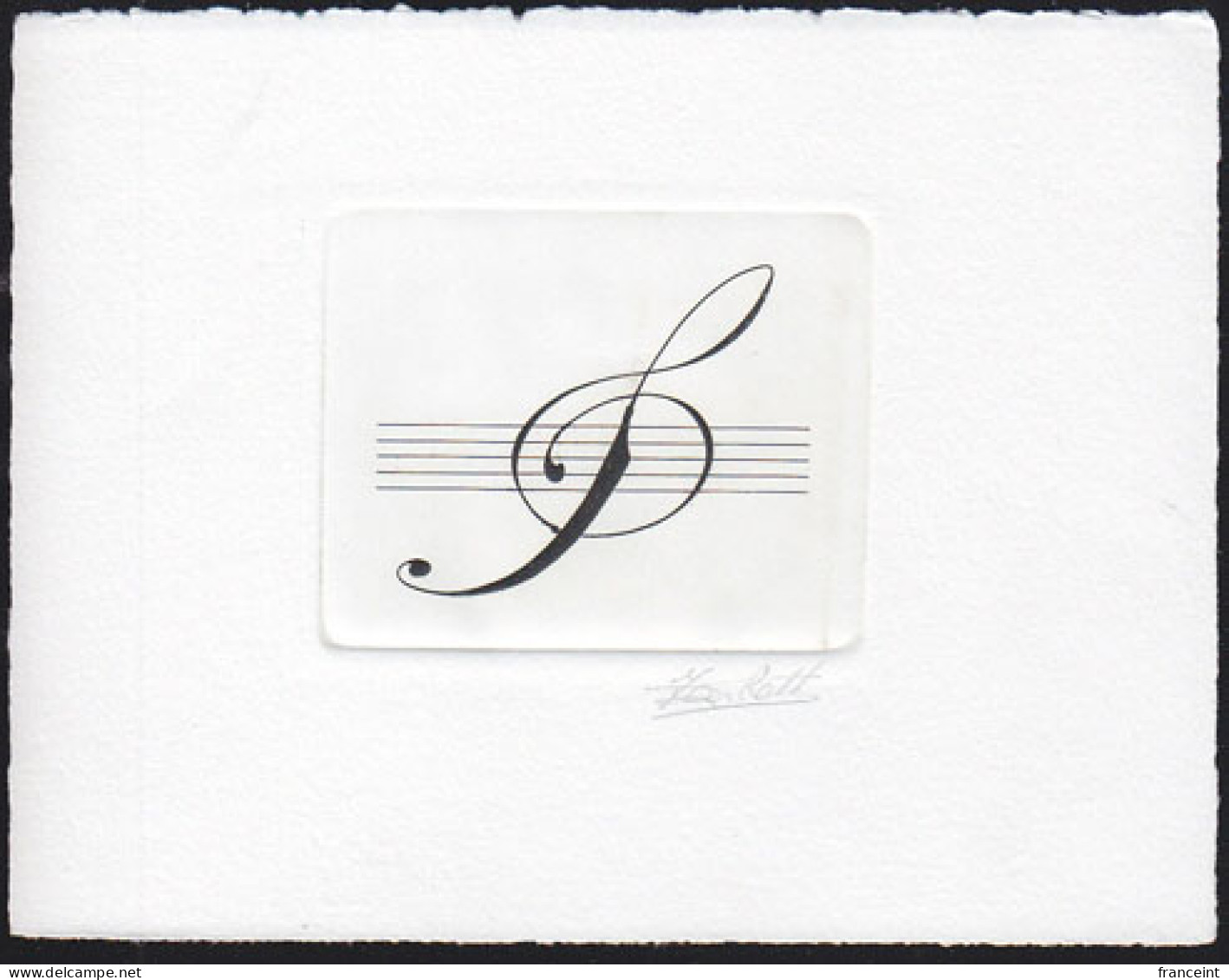 BELGIUM(1989) Treble Clef. Die Proof In Black Signed By The Engraver, Representing The FDC Cachet. Scott No B1088. - Probe- Und Nachdrucke