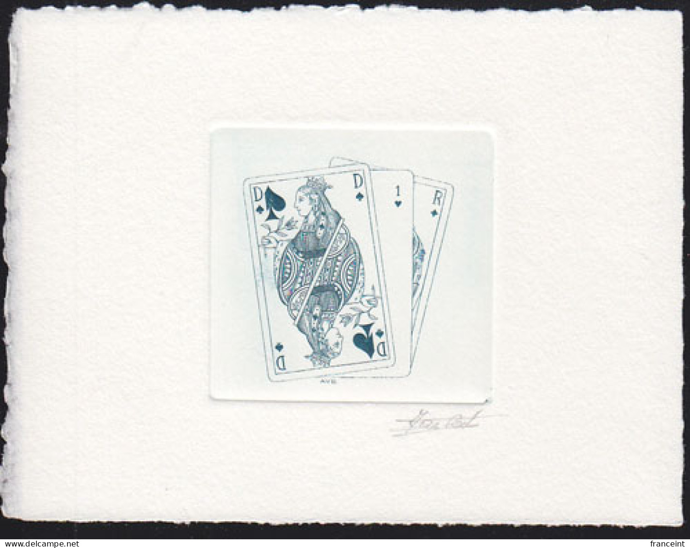 BELGIUM(1995) Playing Cards. Die Proof In Blue Signed By The Engraver, Representing The FDC Cachet. Scott No 1579 - Proofs & Reprints