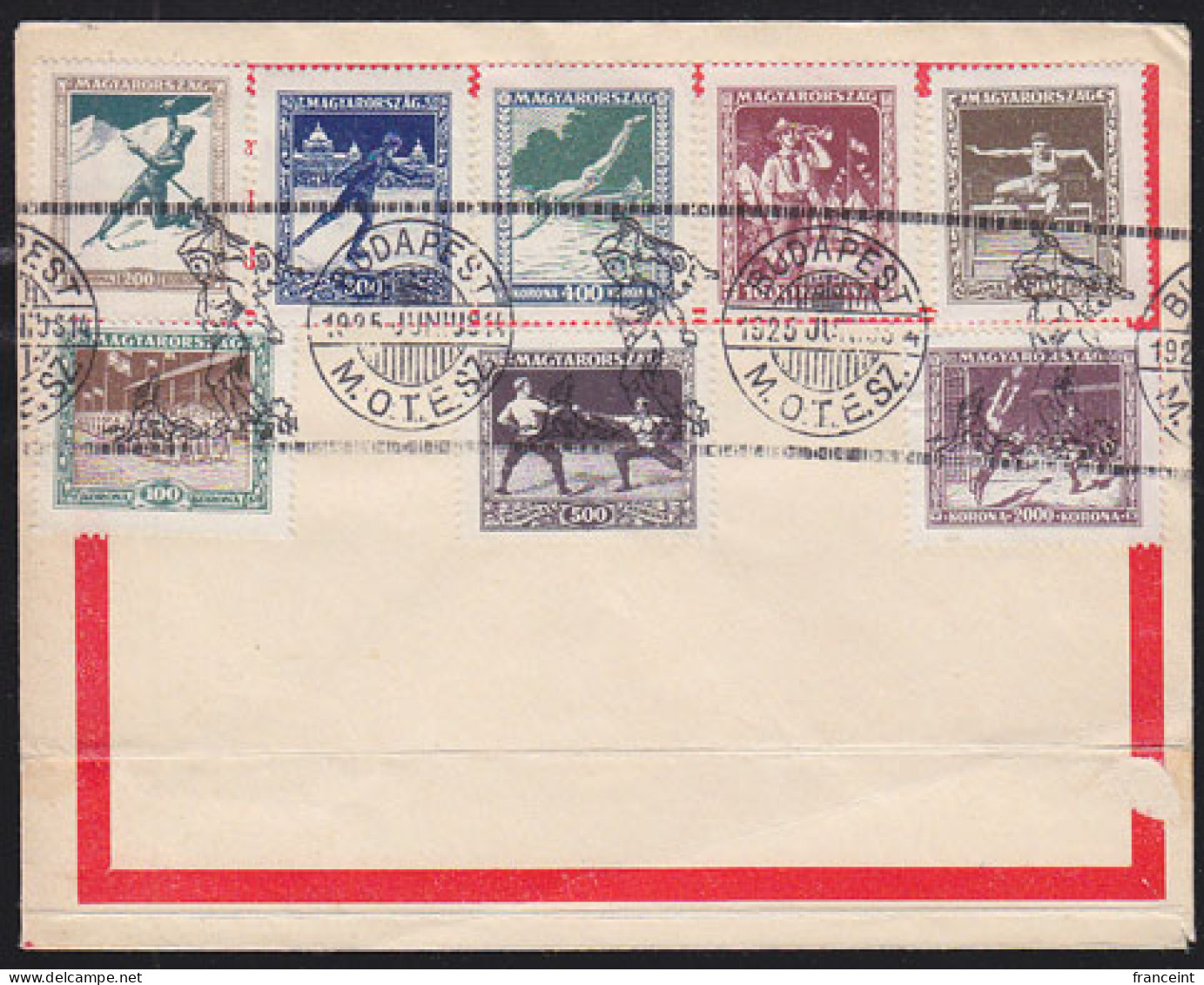 HUNGARY(1925) Various Sports. Unaddressed Cover Franked With Complete Set Of 1924 Olympics Issue. Scott B80-7. - Summer 1924: Paris