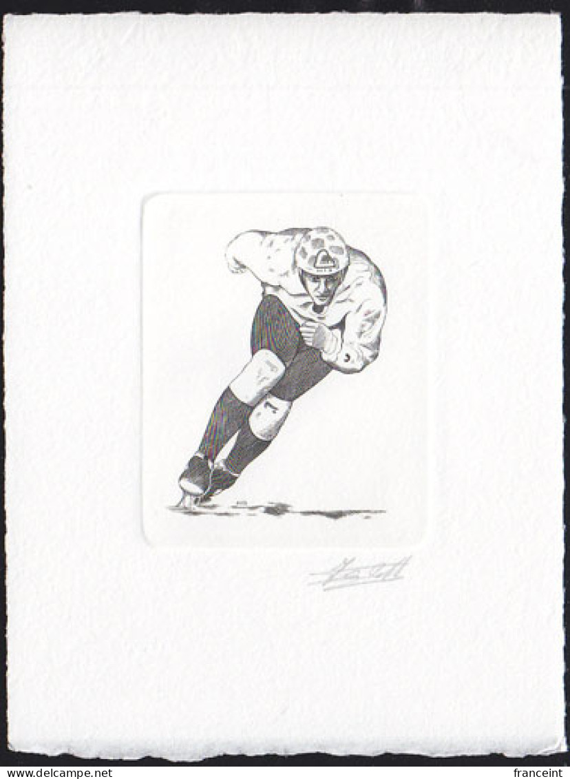 BELGIUM(1992) Speed Skating. Die Proof In Black Signed By The Engraver, Representing The FDC Cachet. Scott No B1101. - Probe- Und Nachdrucke