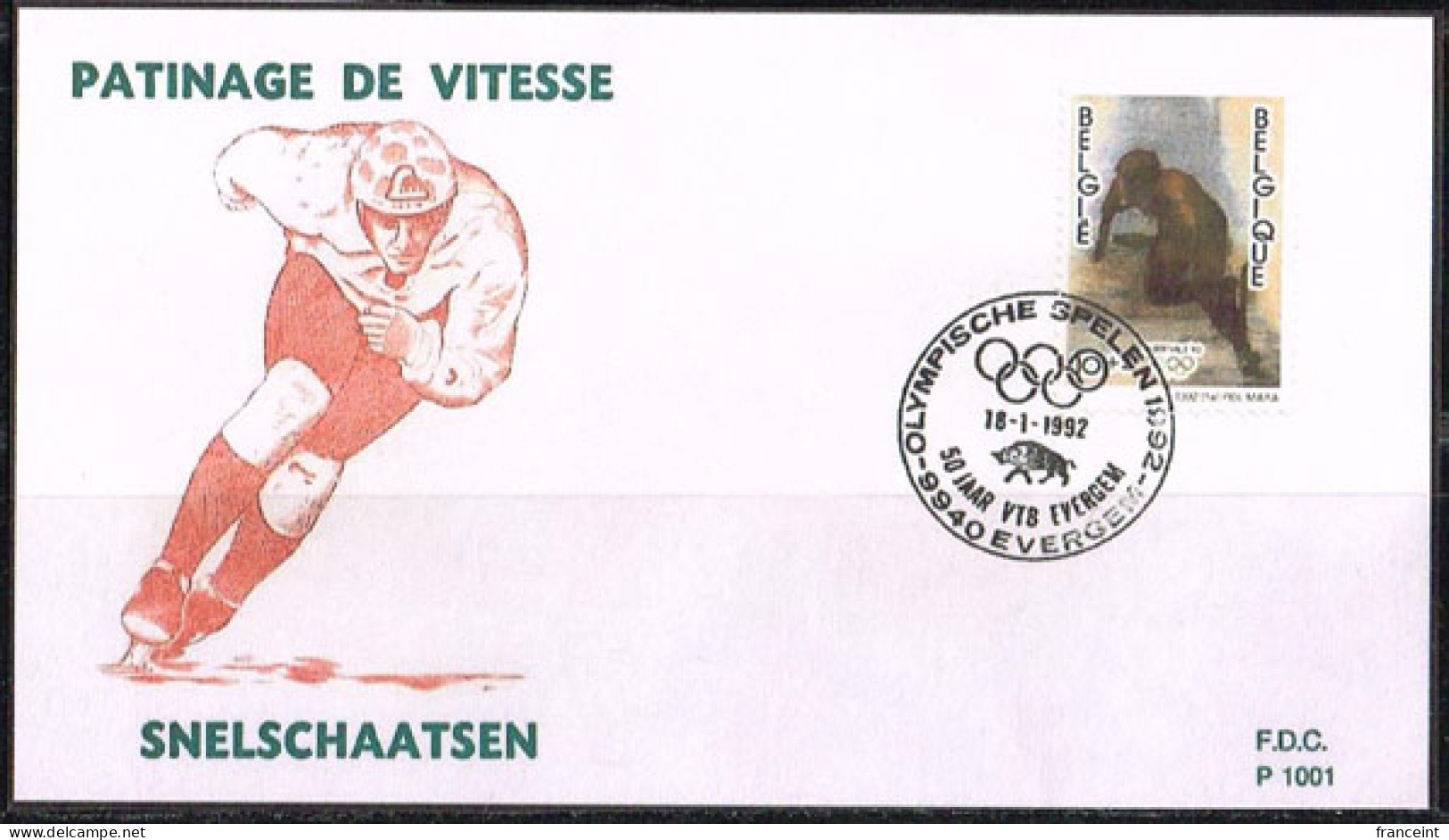 BELGIUM(1992) Speed Skating. Die Proof In Black Signed By The Engraver, Representing The FDC Cachet. Scott No B1101. - Essais & Réimpressions