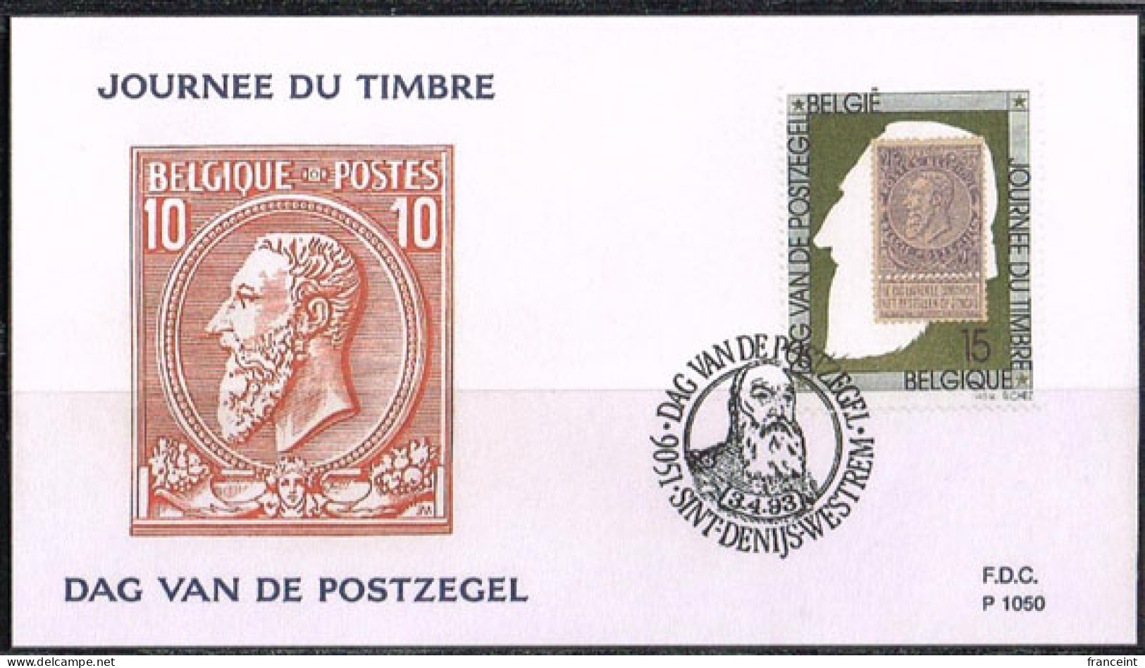 BELGIUM(1993) Old Leopold Stamp. Die Proof In Black Signed By The Engraver, Representing The FDC Cachet. Scott 1582 - Proofs & Reprints