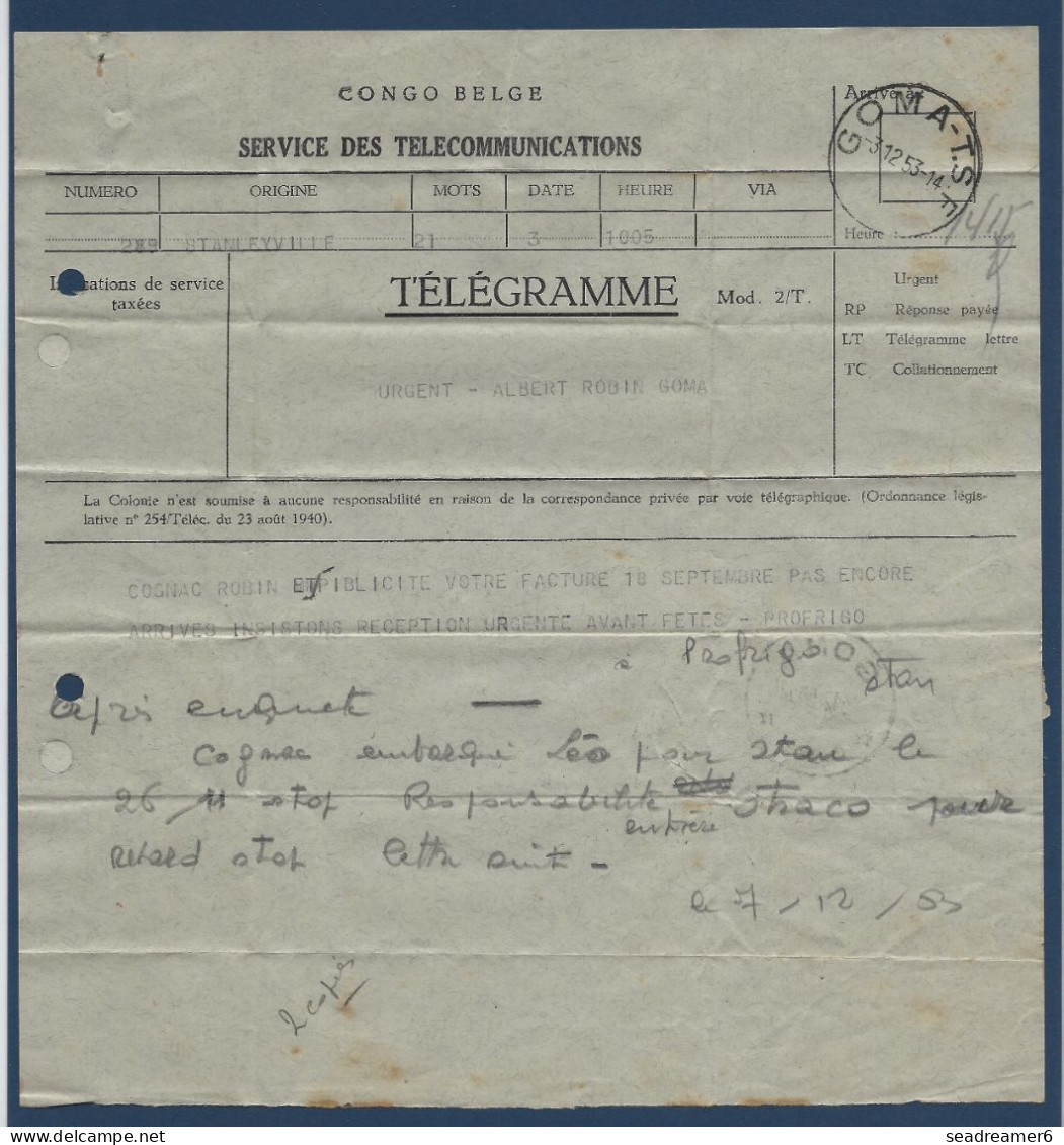 1953  TELEGRAMME De COSTERMANVILLE Type 2T Vert/gris Fermé Avec KRAFT Oblitéré Dateur De GOMA TSF TTB - Telegrammen