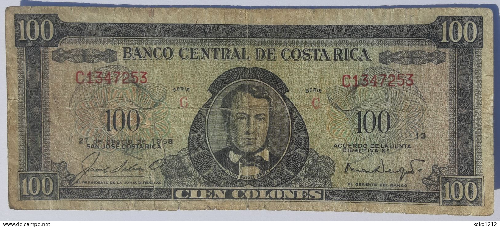 Costa Rica 100 Colones 27.8.1968 P234a Serie C VF - Costa Rica