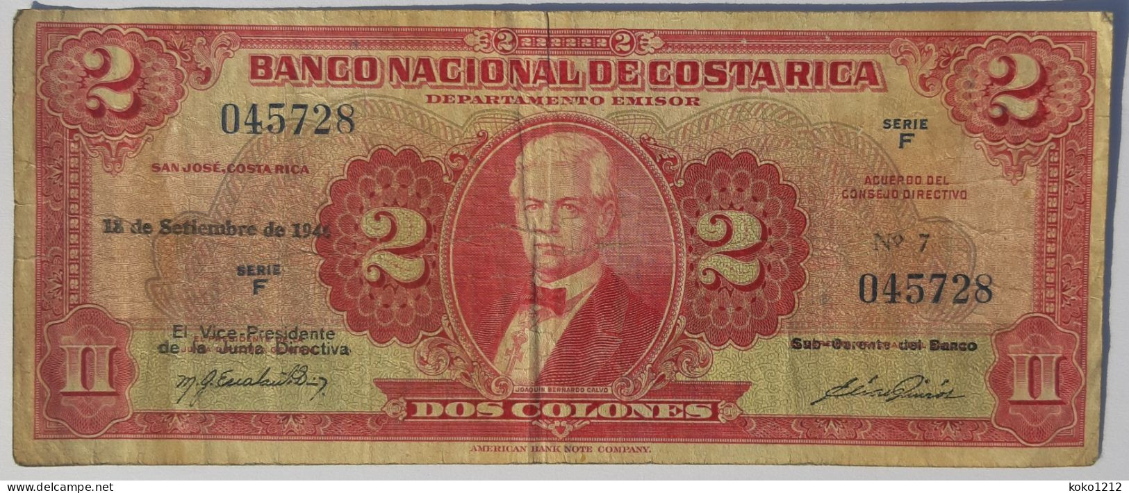 Costa Rica 2 Colones 1946 P203 Serie F VF - Costa Rica