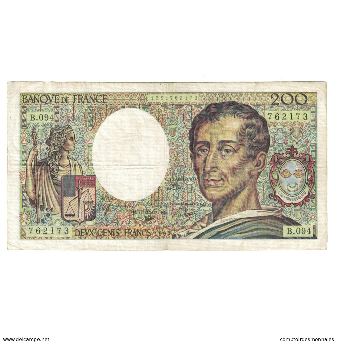 France, 200 Francs, Montesquieu, 1990, B.094762173, TB, Fayette:70.10b, KM:155d - 200 F 1981-1994 ''Montesquieu''