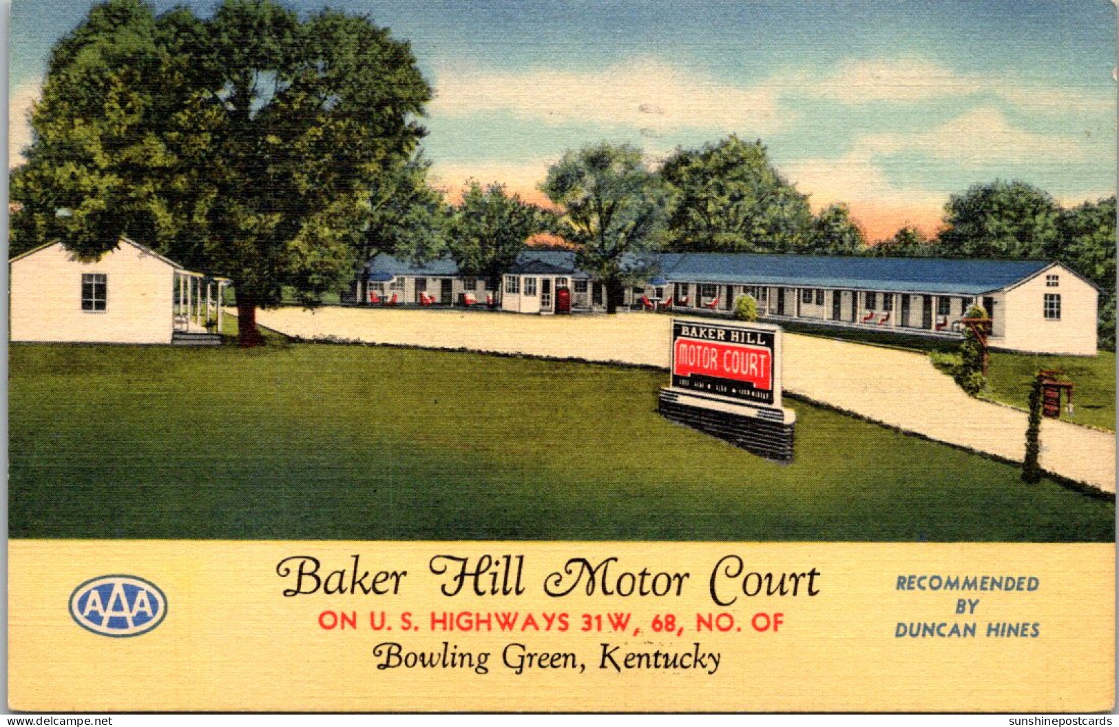 Kentucky Bowling Green Baker Hill Motor Court Curteich 1950 - Bowling Green