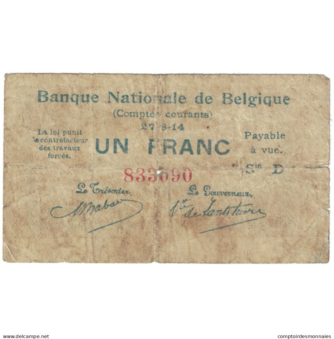 Billet, Belgique, 1 Franc, 1914, 1914-08-27, KM:81, TB - 1-2 Francos